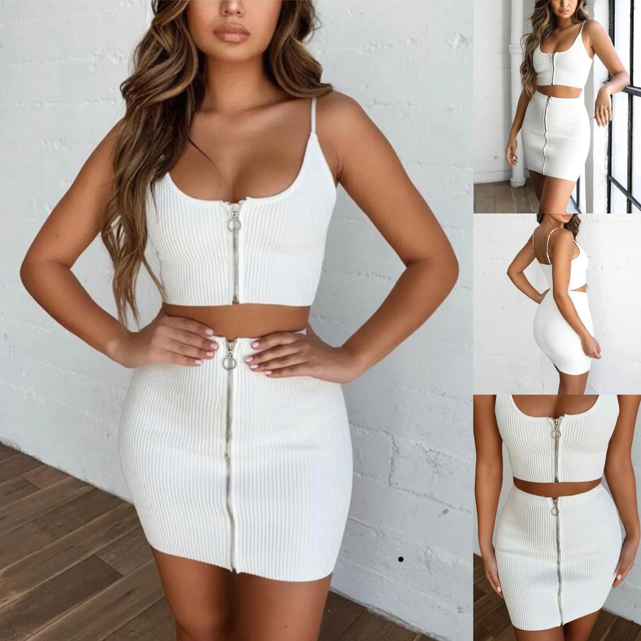 2 PIECE SQUARE NECK WITH ZIPPER UP CROP TOP AND SKIRT on sale