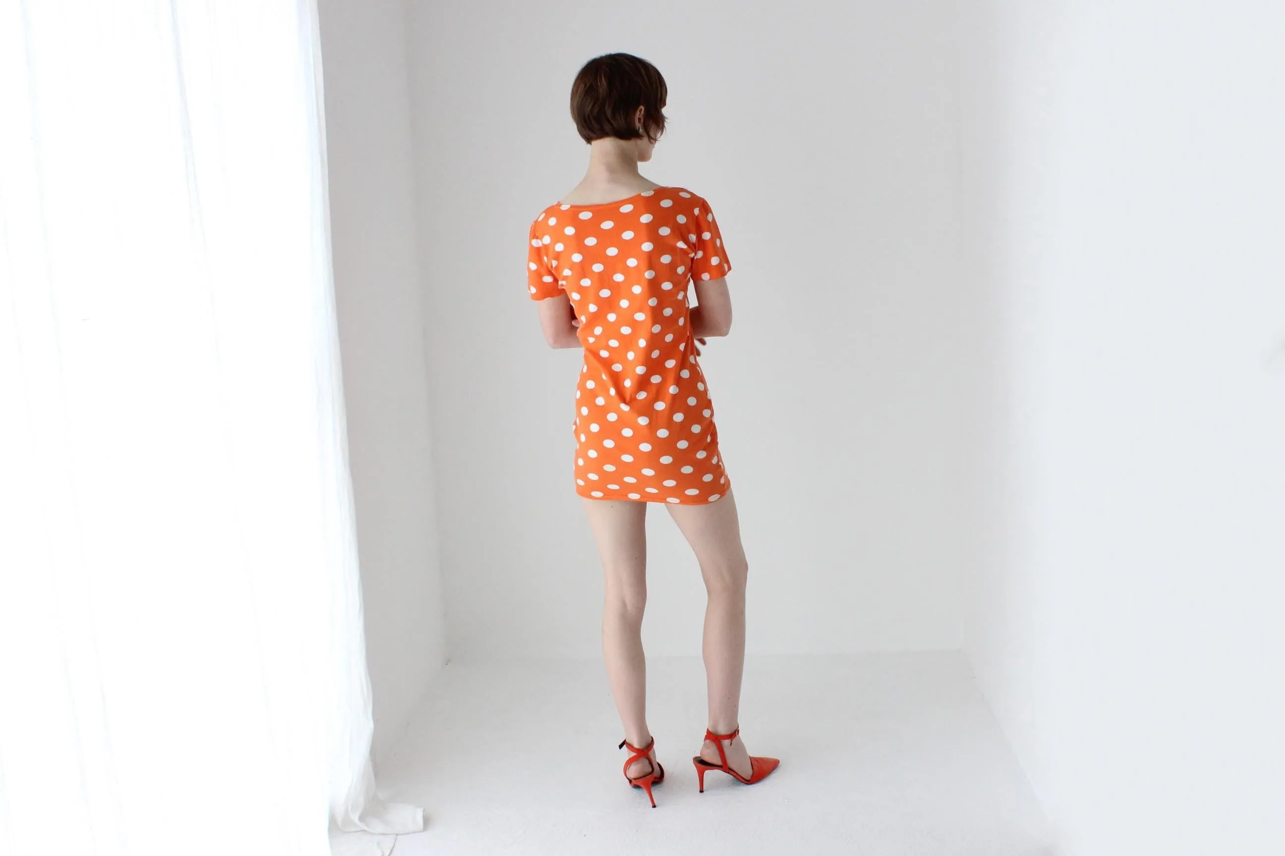 80s Orange Polka Dot Stretch Cotton Mini