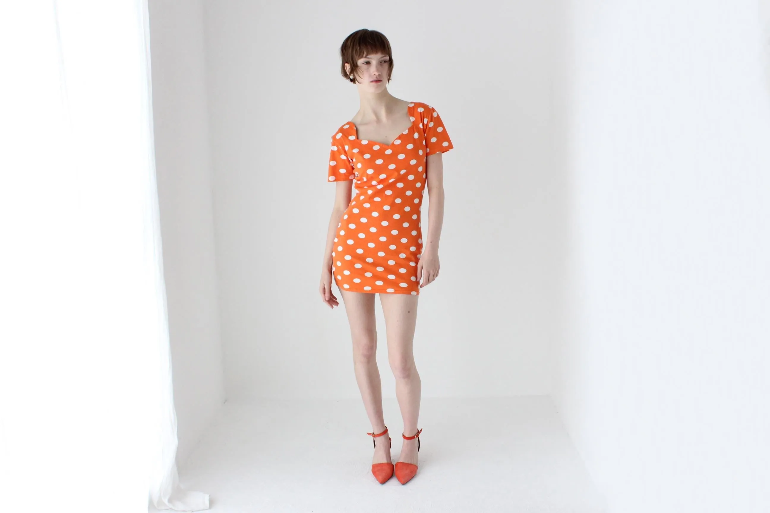 80s Orange Polka Dot Stretch Cotton Mini