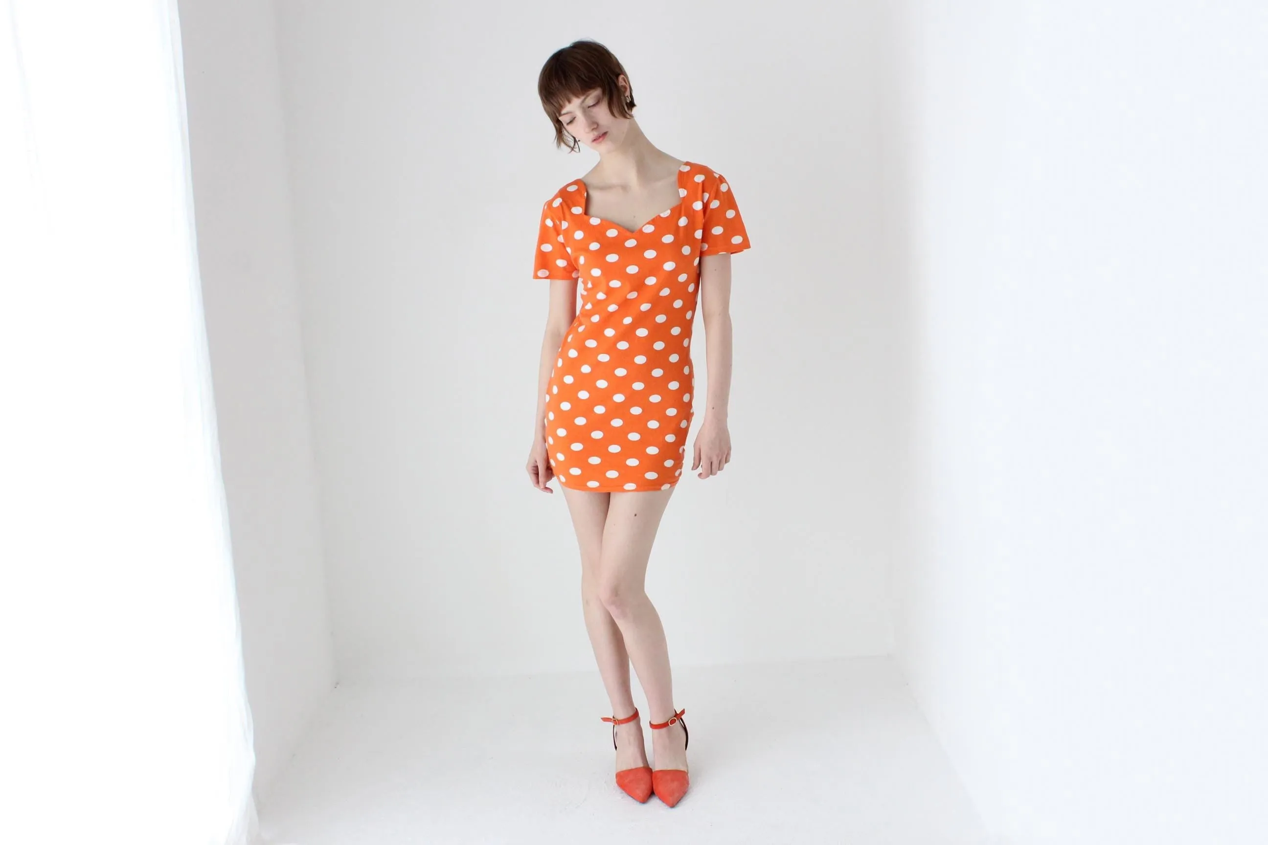80s Orange Polka Dot Stretch Cotton Mini