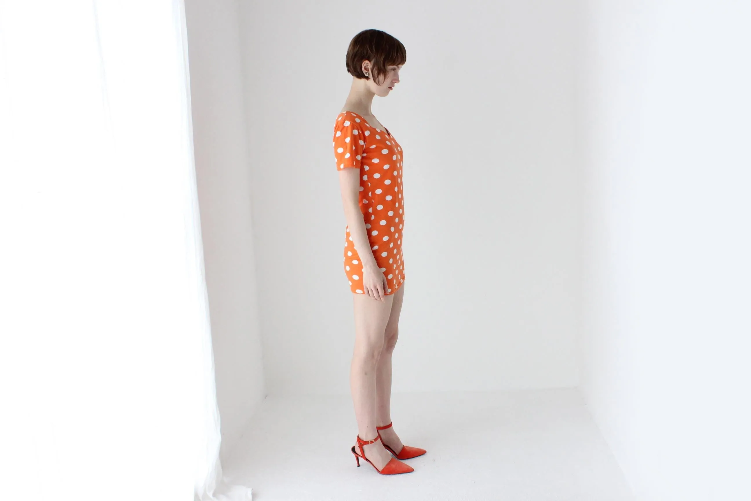 80s Orange Polka Dot Stretch Cotton Mini