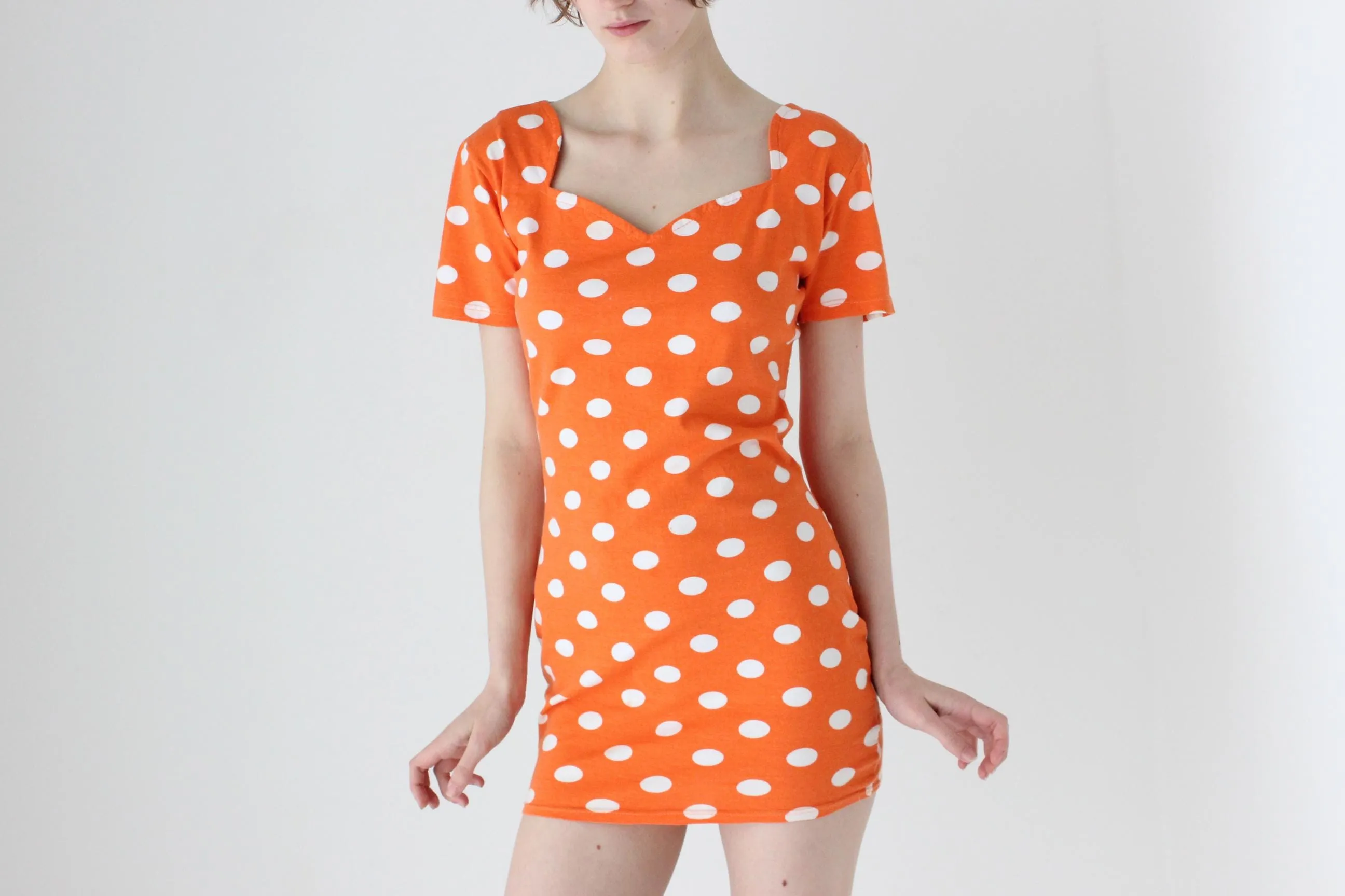 80s Orange Polka Dot Stretch Cotton Mini