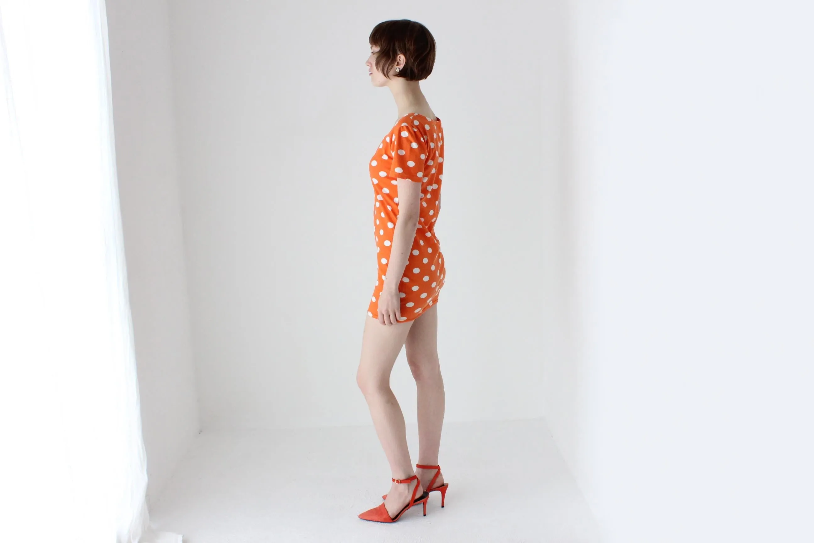 80s Orange Polka Dot Stretch Cotton Mini