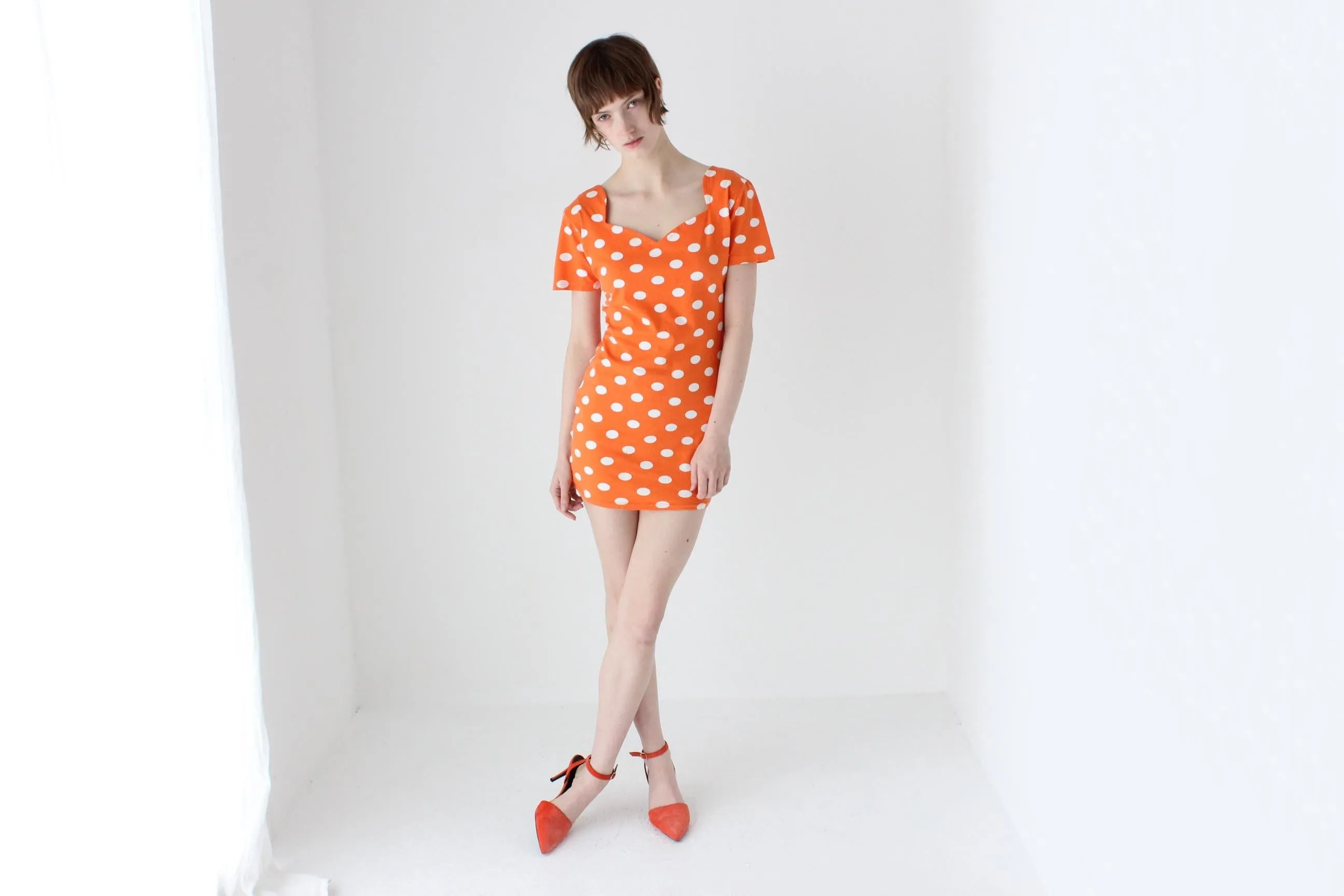 80s Orange Polka Dot Stretch Cotton Mini