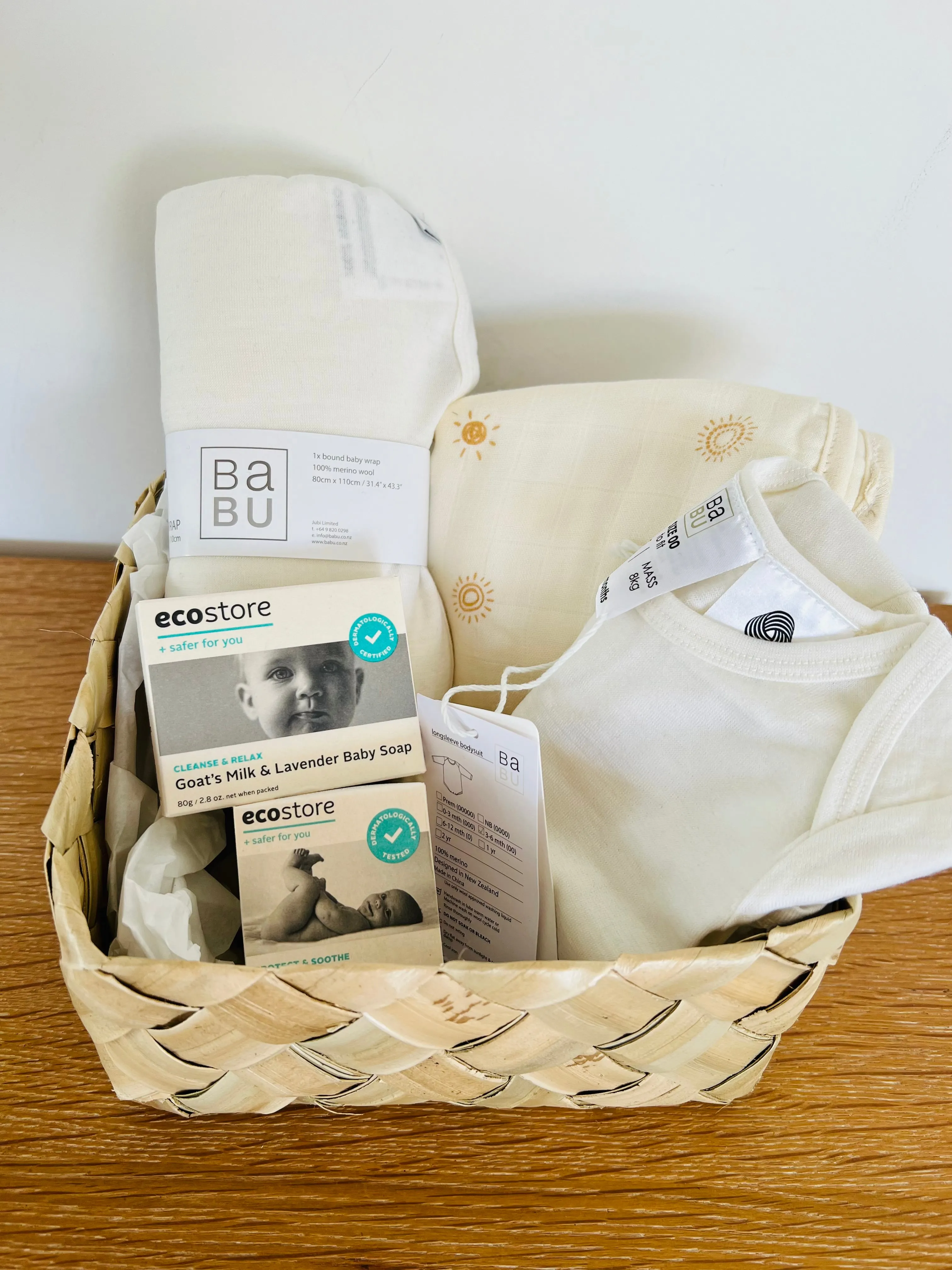 Babu Winter Baby Hamper with Merino Wool Cream Bodysuit & Swaddle