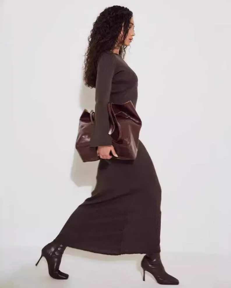 Bell Sleeve Woolen Round Neck Knitted Backless Dress