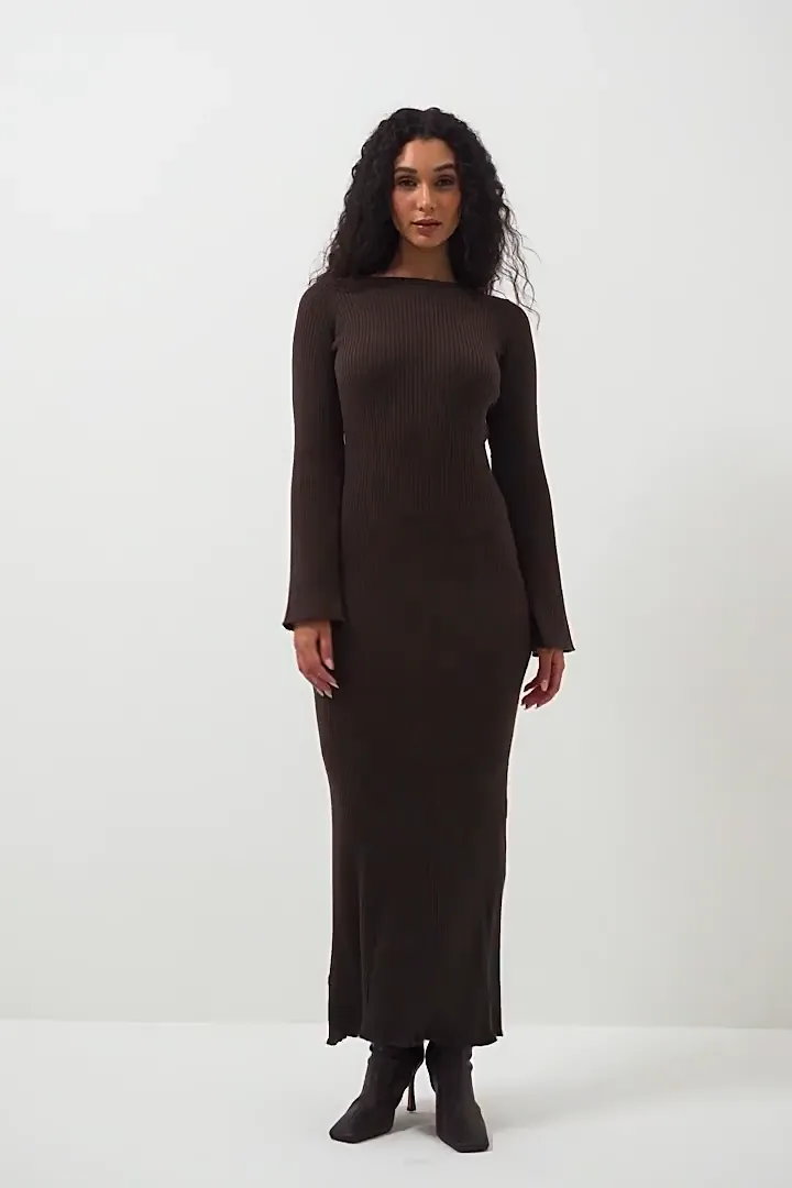 Bell Sleeve Woolen Round Neck Knitted Backless Dress