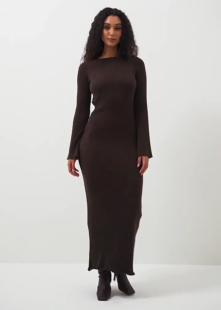Bell Sleeve Woolen Round Neck Knitted Backless Dress