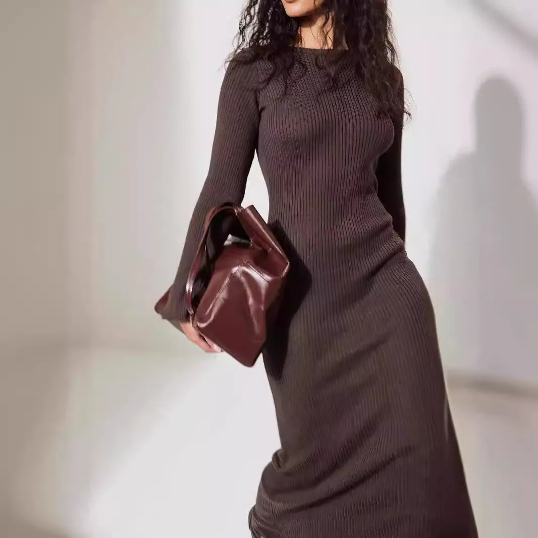 Bell Sleeve Woolen Round Neck Knitted Backless Dress
