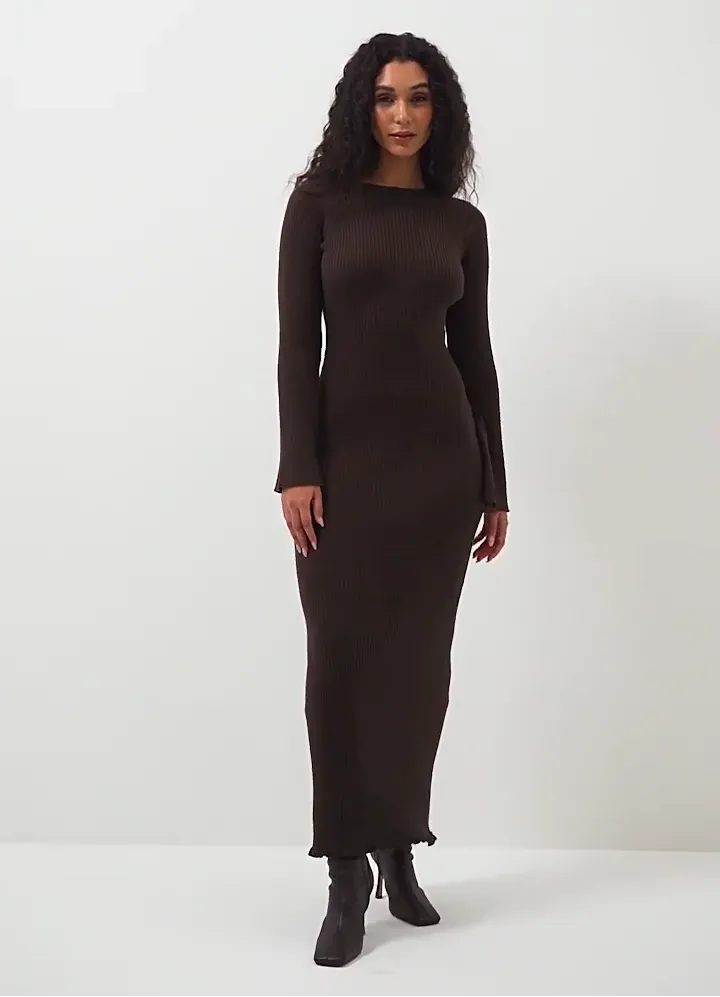 Bell Sleeve Woolen Round Neck Knitted Backless Dress