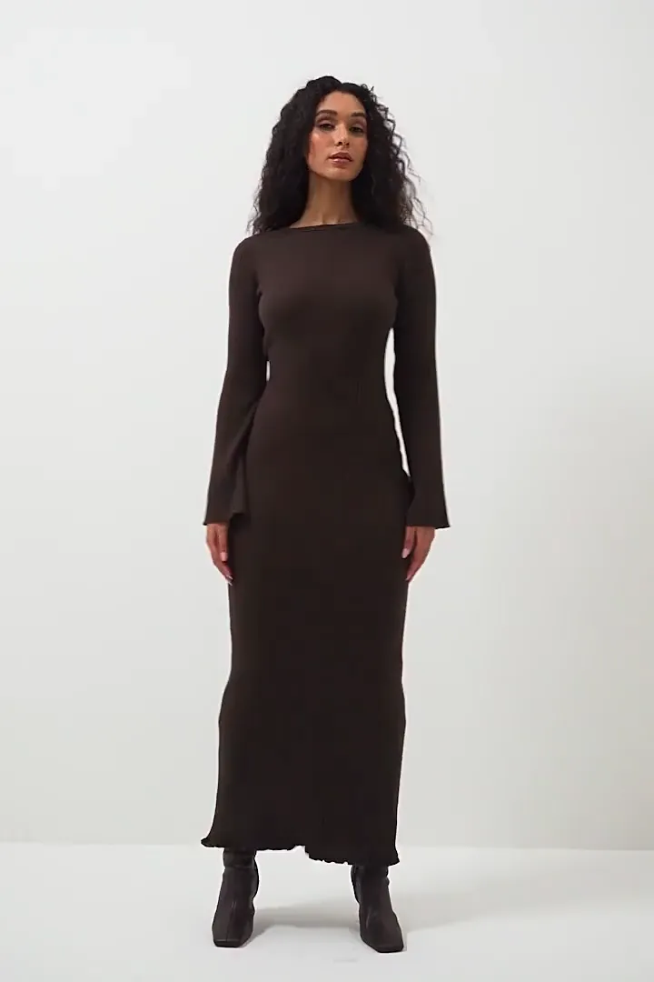Bell Sleeve Woolen Round Neck Knitted Backless Dress