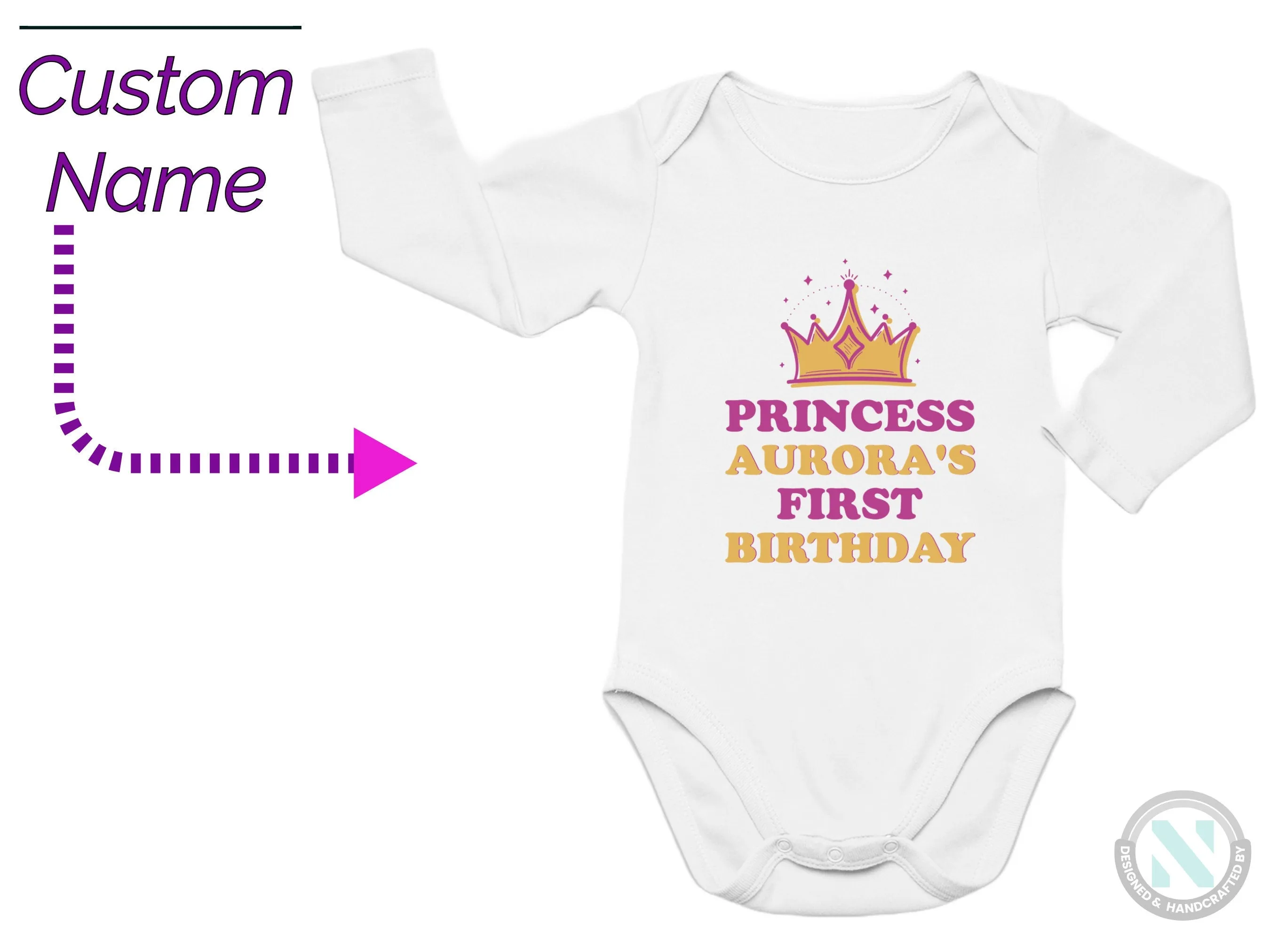 Birthday Girl Custom Name Long sleeve Baby Bodysuit Gift  with "Princess First Birthday"