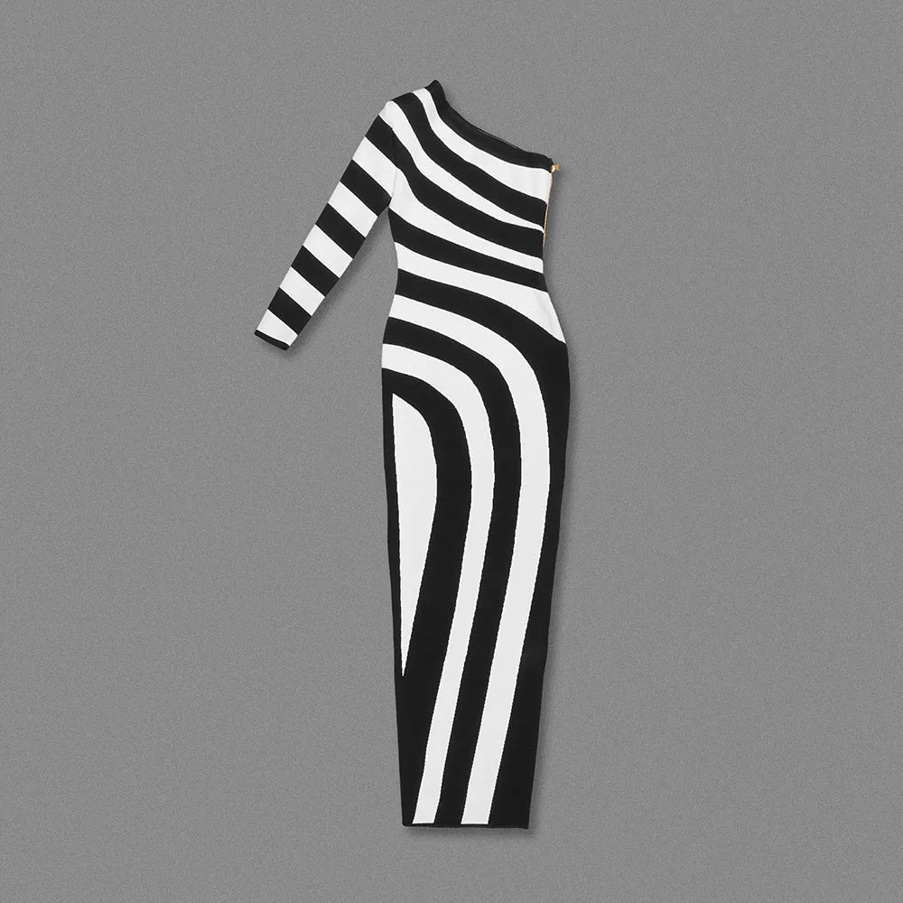 Black White Striped High Slit One Shoulder Day Dress