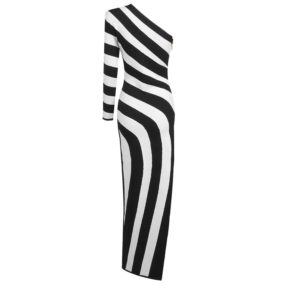 Black White Striped High Slit One Shoulder Day Dress