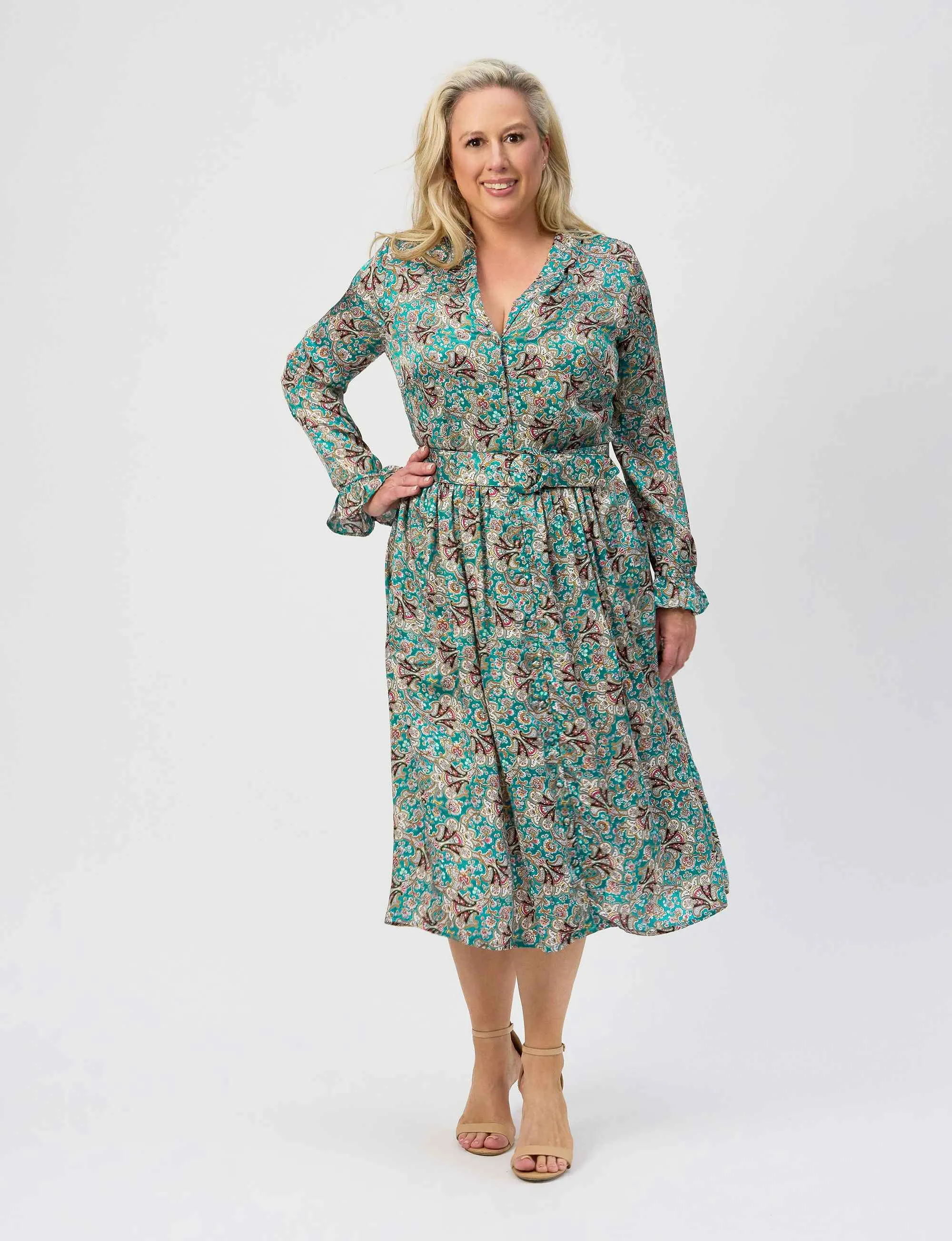 Carlotta Turquoise 'Filigree Fan' Luxe Viscose Satin Shirtdress