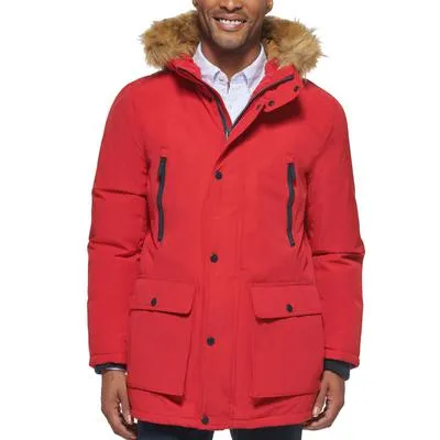 Club Room Mens Parka Coat Medium Red Fur Trim Solid