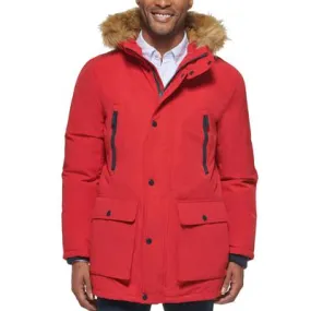 Club Room Mens Parka Coat Medium Red Fur Trim Solid