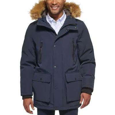 Club Room Mens Regular fit Parka Coat Large Blue Solid Faux Fur Trim