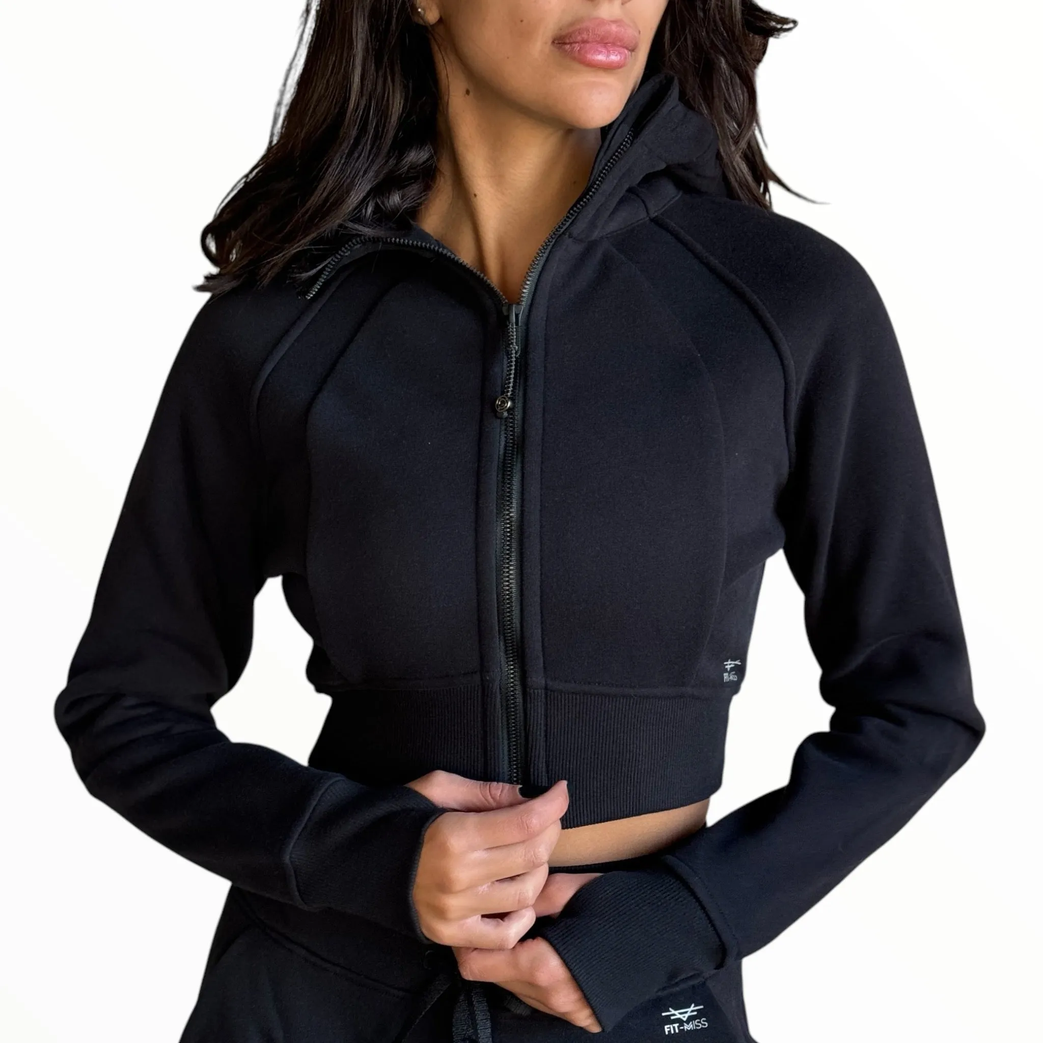 Cropped Fitted Fleece Jacket - Black