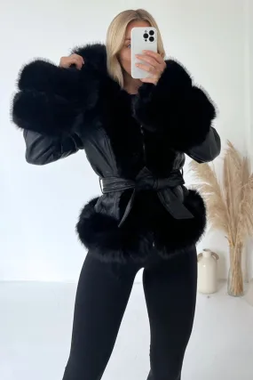 Emelia Black hooded Pu leather Faux fur coat