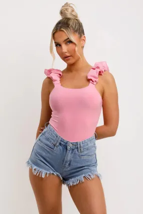 FRILL STRAP HALF SLEEVE RIBBED BODYSUIT PINK