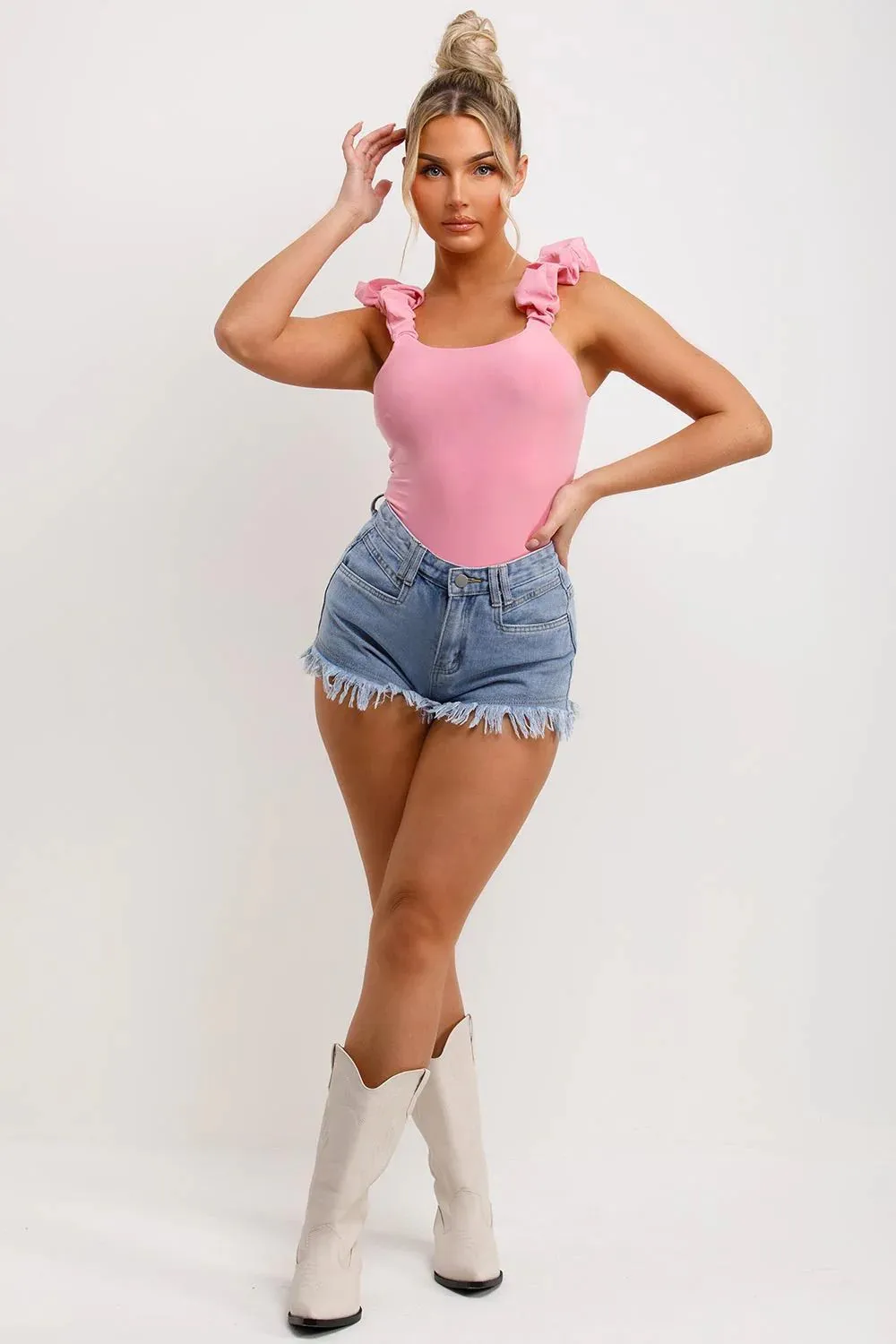 FRILL STRAP HALF SLEEVE RIBBED BODYSUIT PINK
