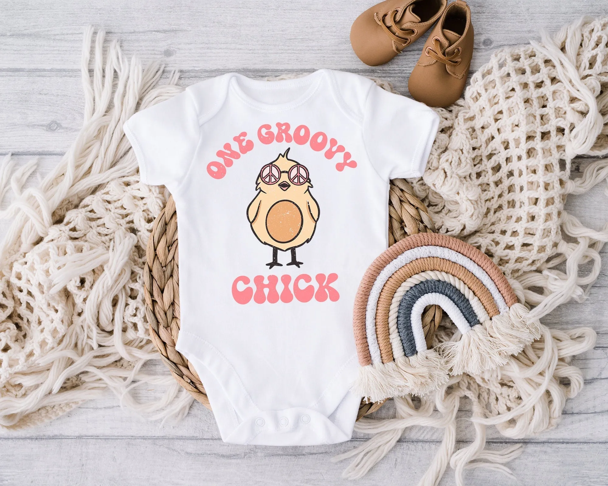 Funny Baby Girl Easter Onesie® One Groovy Chick