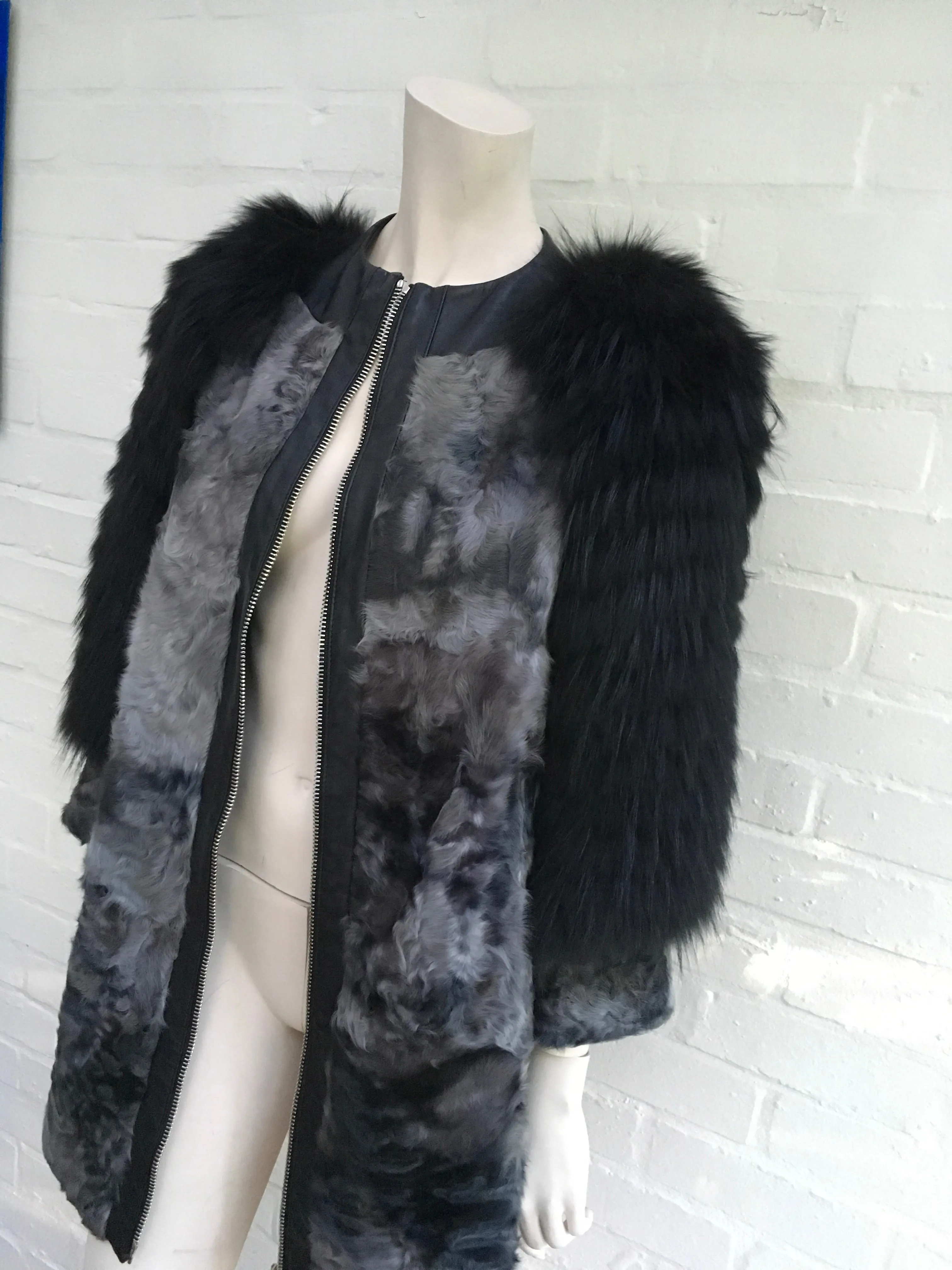 GIULIANA TESO Persian Lamb Raccoon Sleeves Fur Coat Ladies