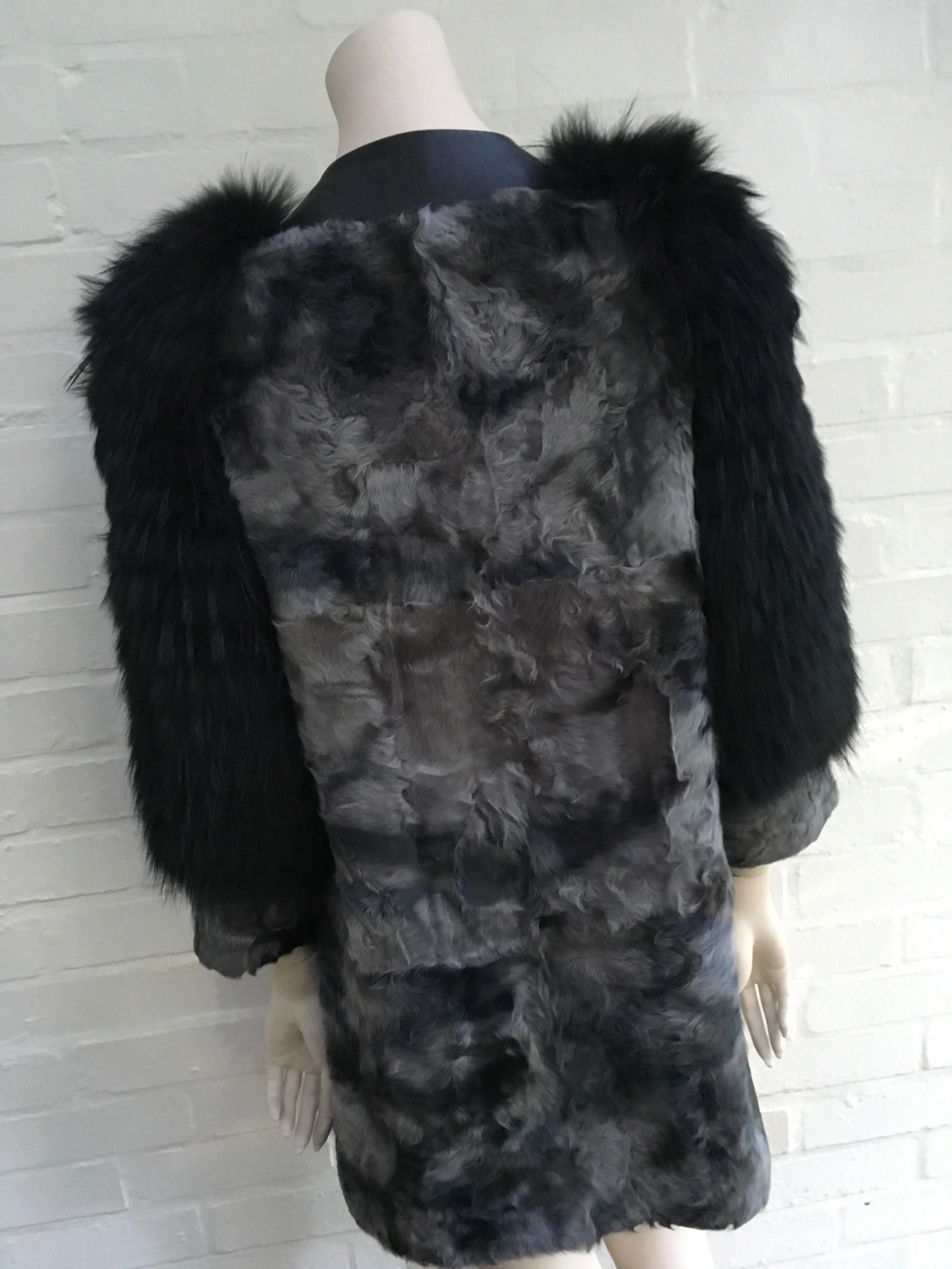 GIULIANA TESO Persian Lamb Raccoon Sleeves Fur Coat Ladies