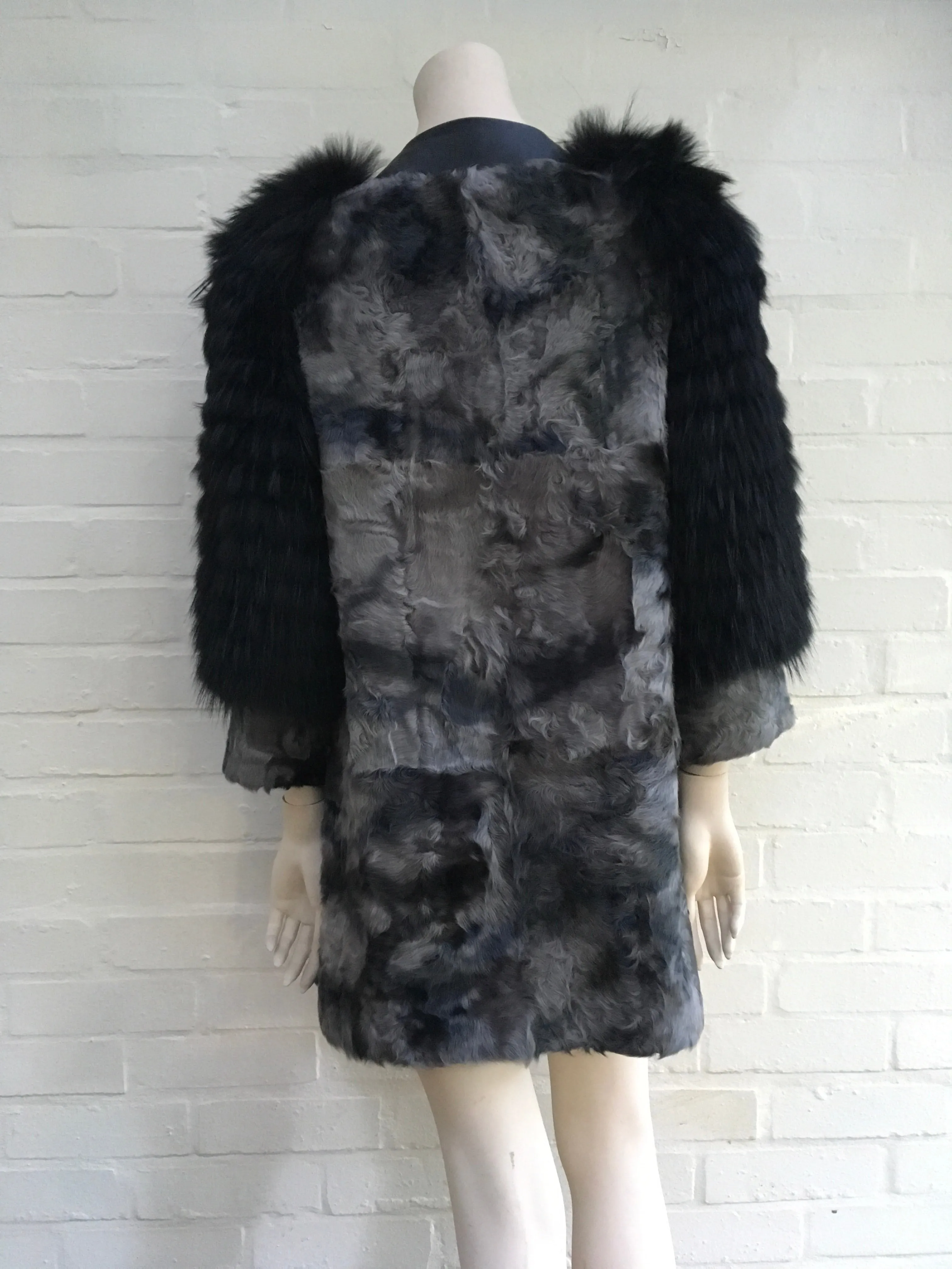 GIULIANA TESO Persian Lamb Raccoon Sleeves Fur Coat Ladies