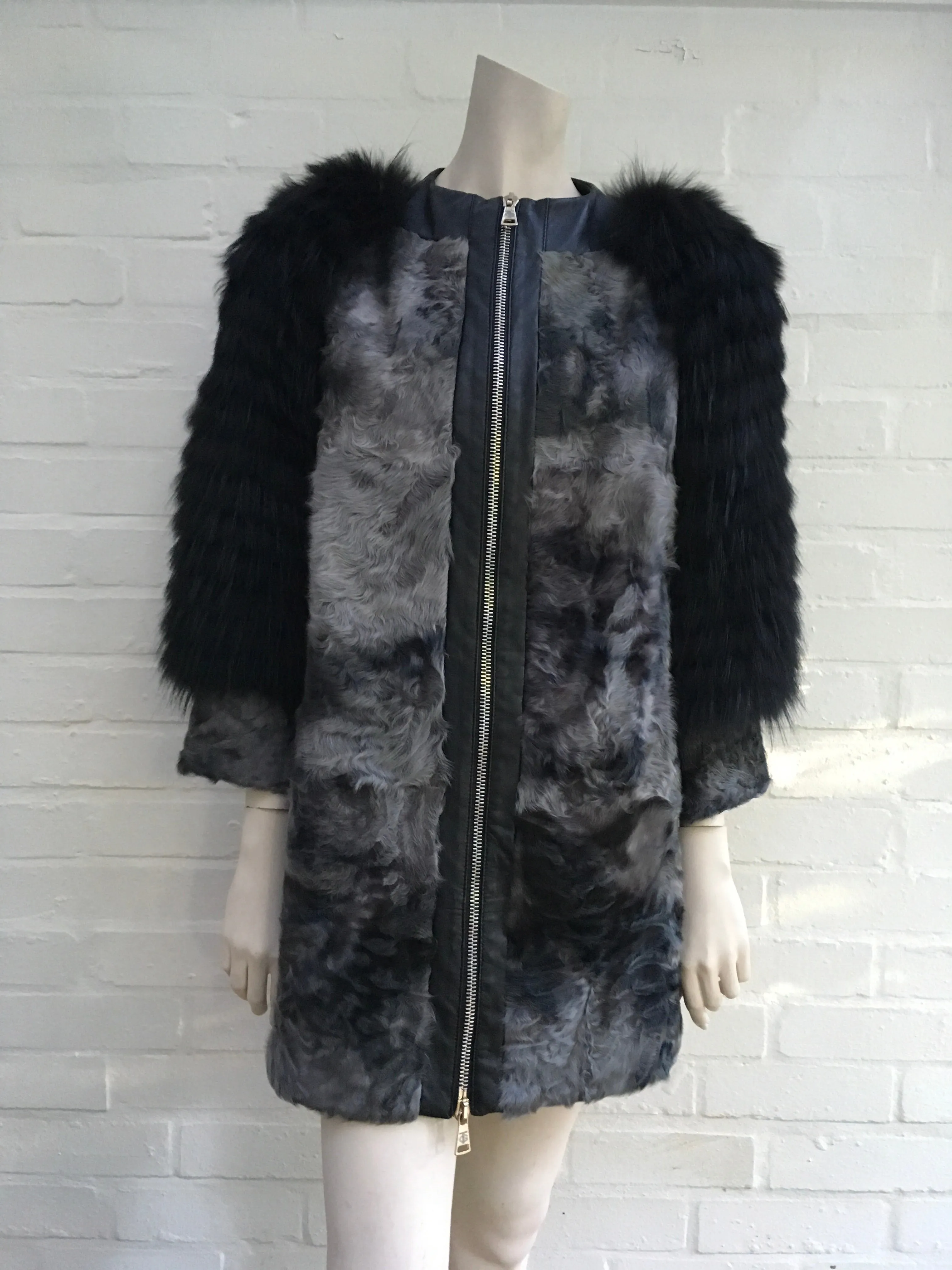 GIULIANA TESO Persian Lamb Raccoon Sleeves Fur Coat Ladies