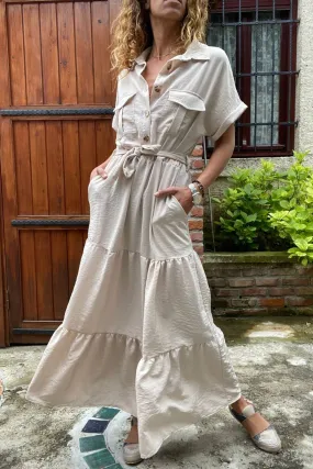 GNS Woman Beige Half Pleated Skirt Self-Belted Loose Dress Bst3336 - Aprilia