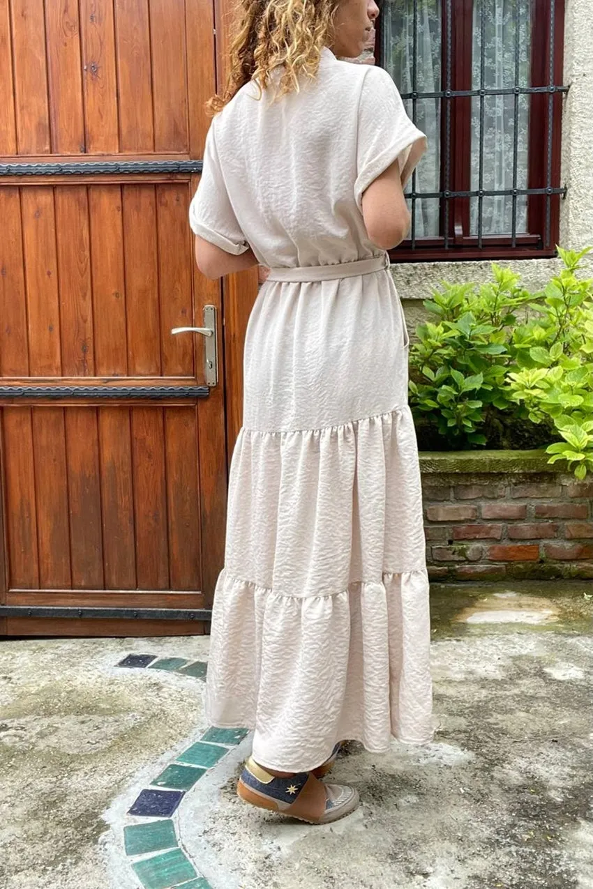 GNS Woman Beige Half Pleated Skirt Self-Belted Loose Dress Bst3336 - Aprilia