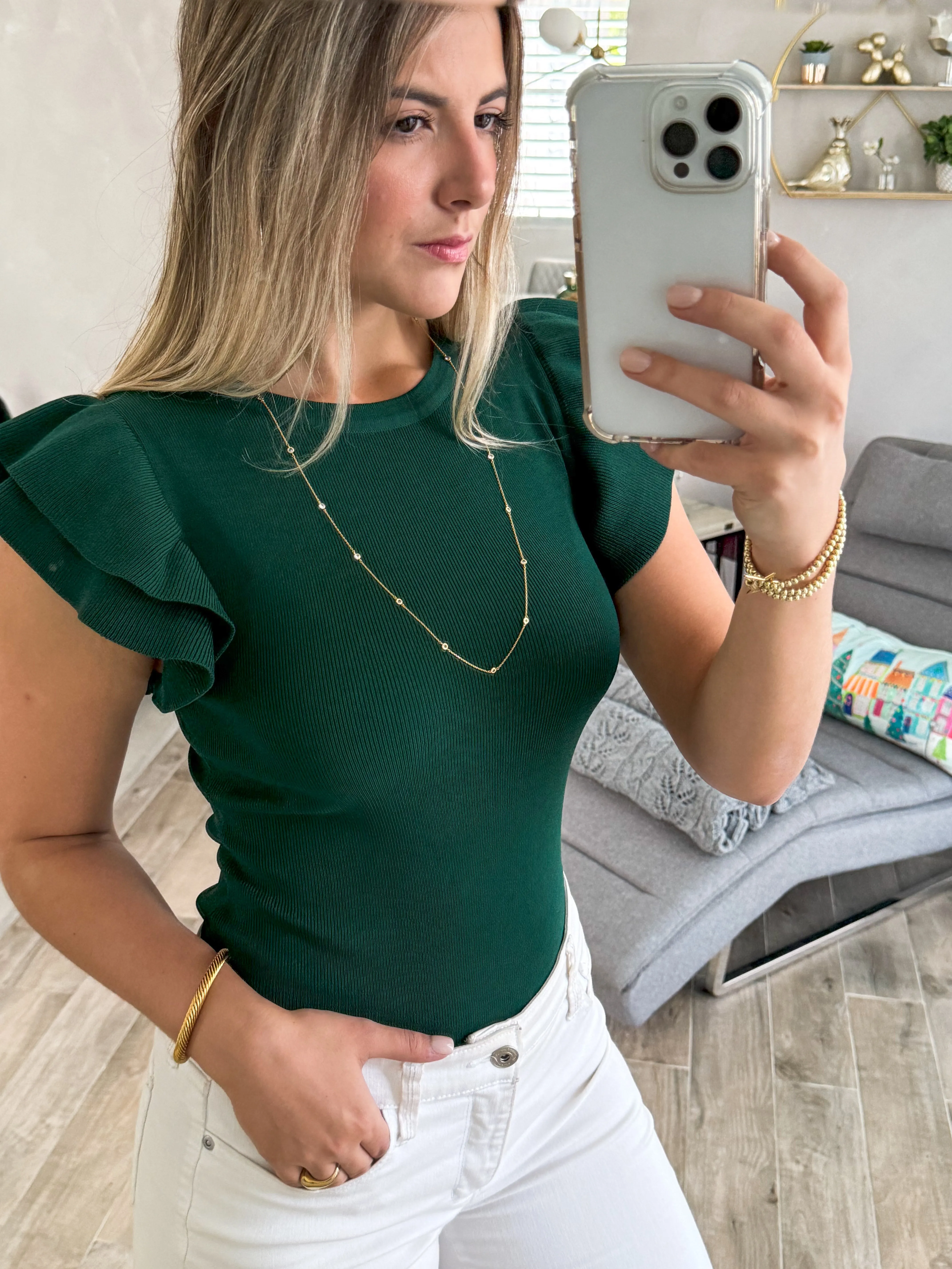 HUNTER GREEN RUFFLE BODYSUIT