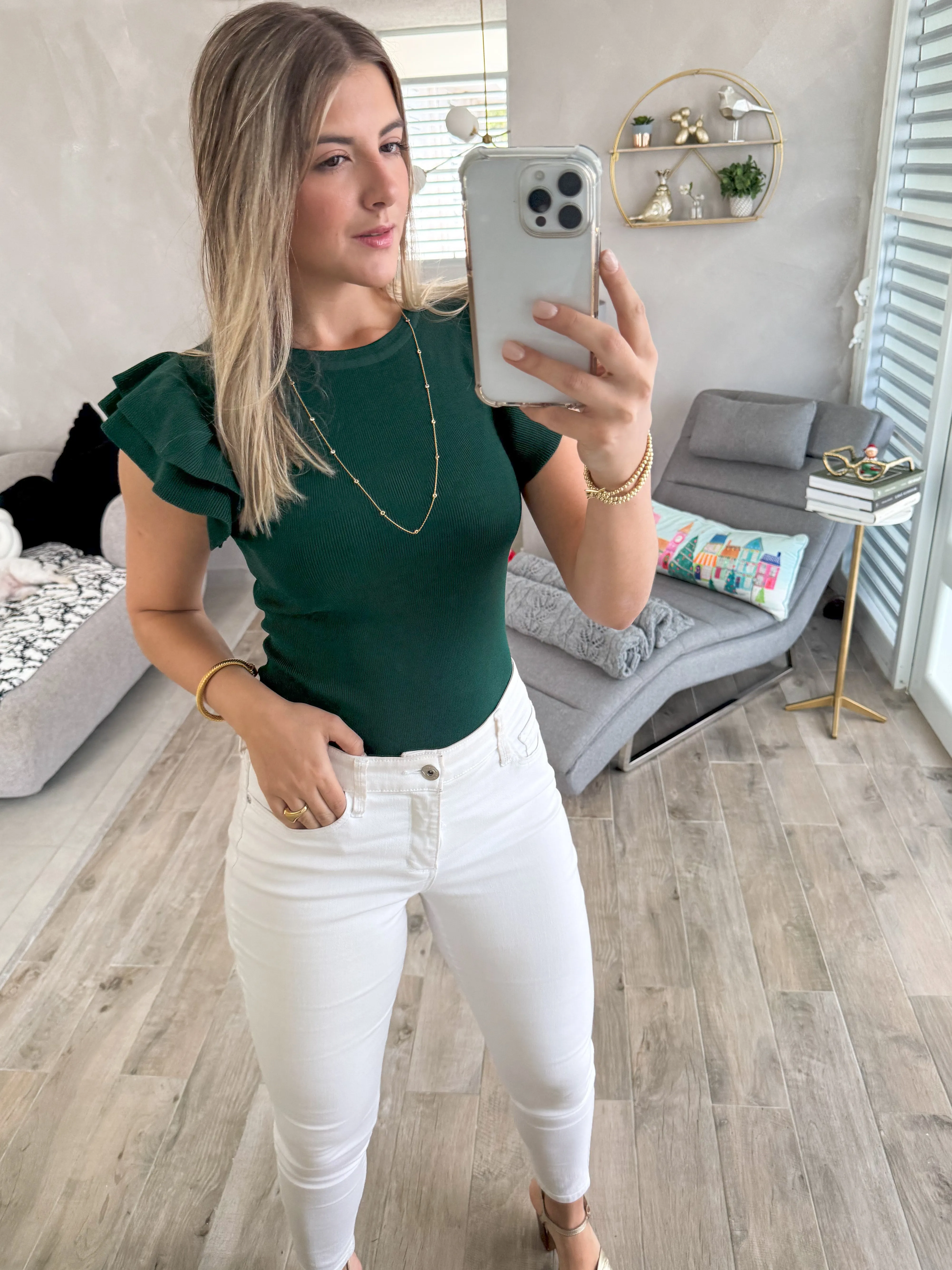 HUNTER GREEN RUFFLE BODYSUIT