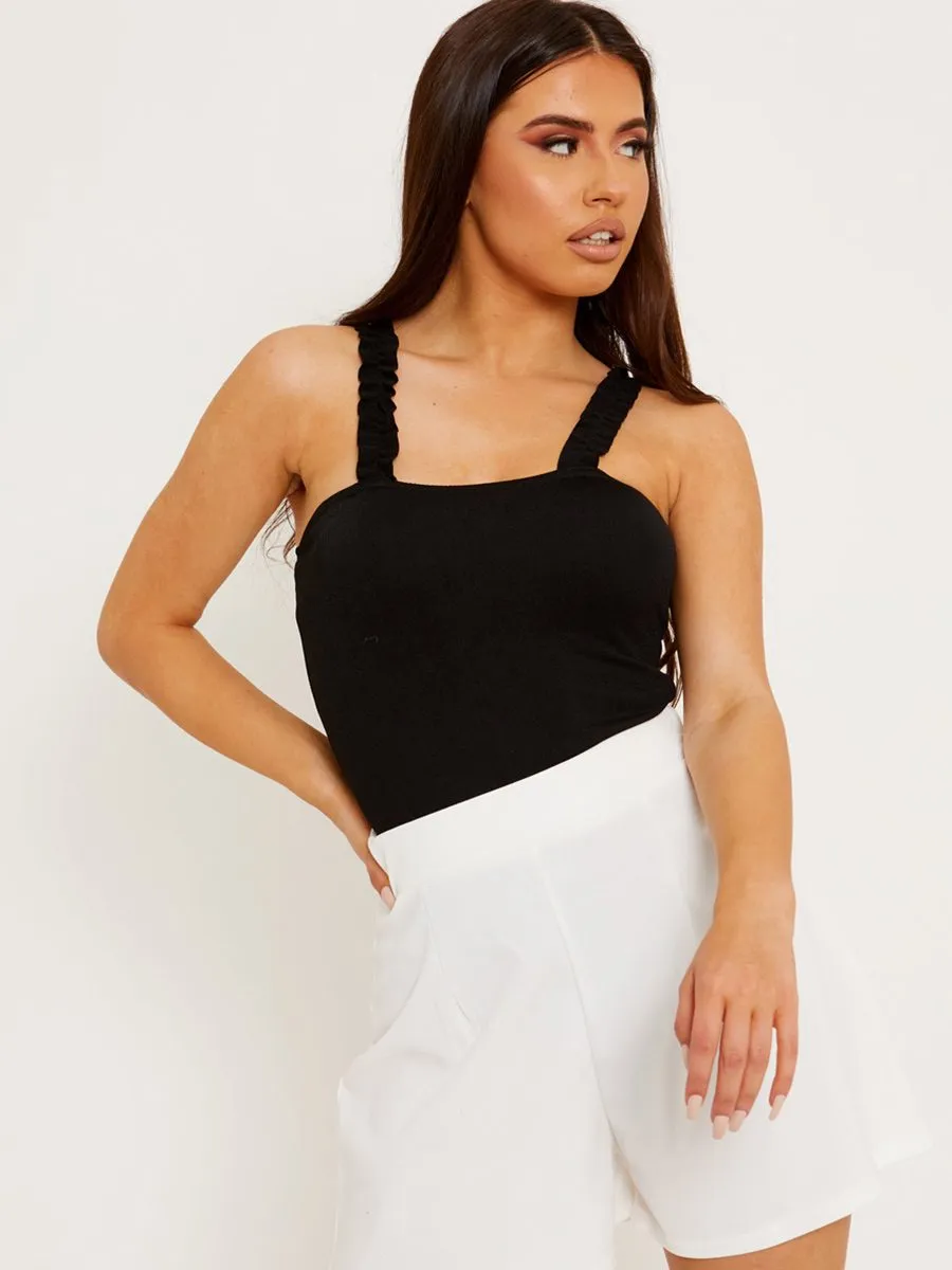 Kamila Ruched Frill Straps Bodysuit In Black