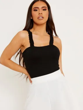 Kamila Ruched Frill Straps Bodysuit In Black