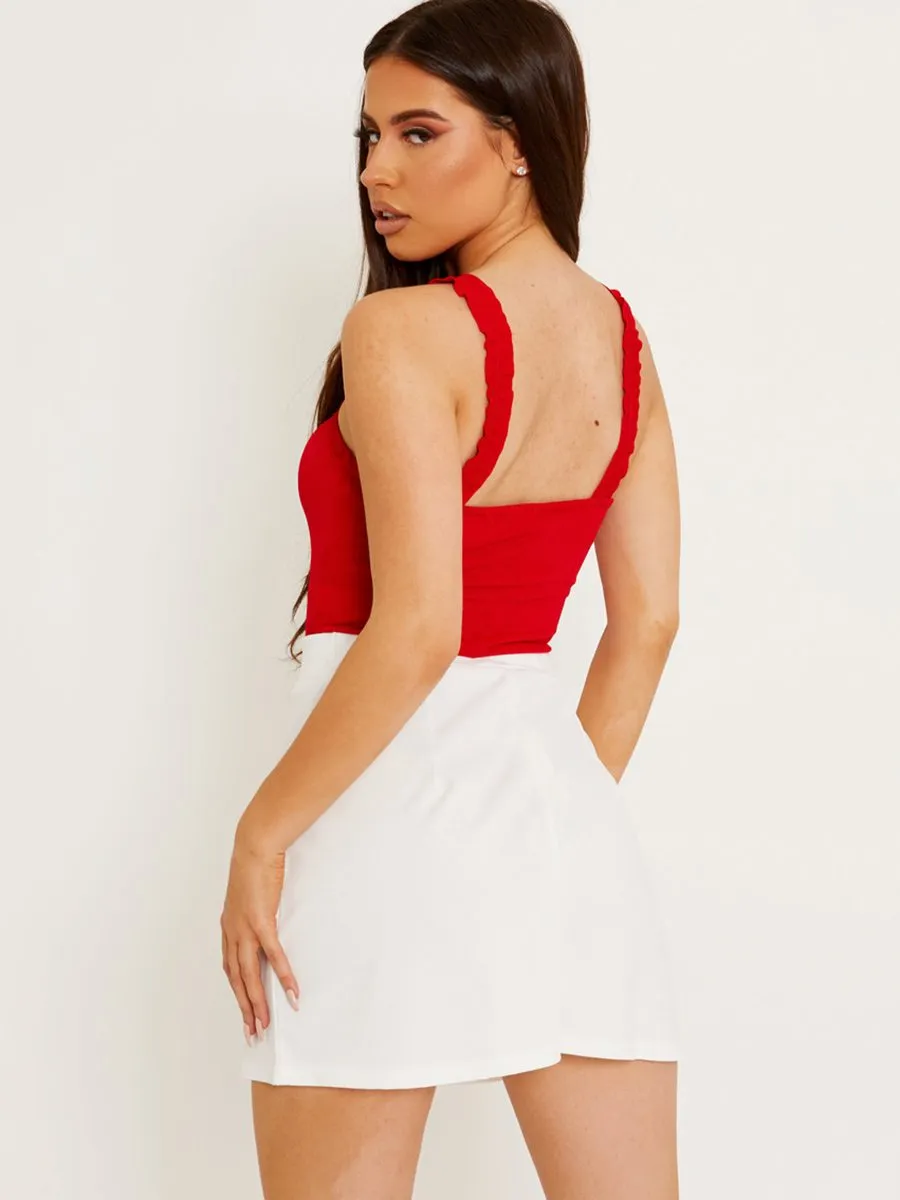 Kamila Ruched Frill Straps Bodysuit In Red