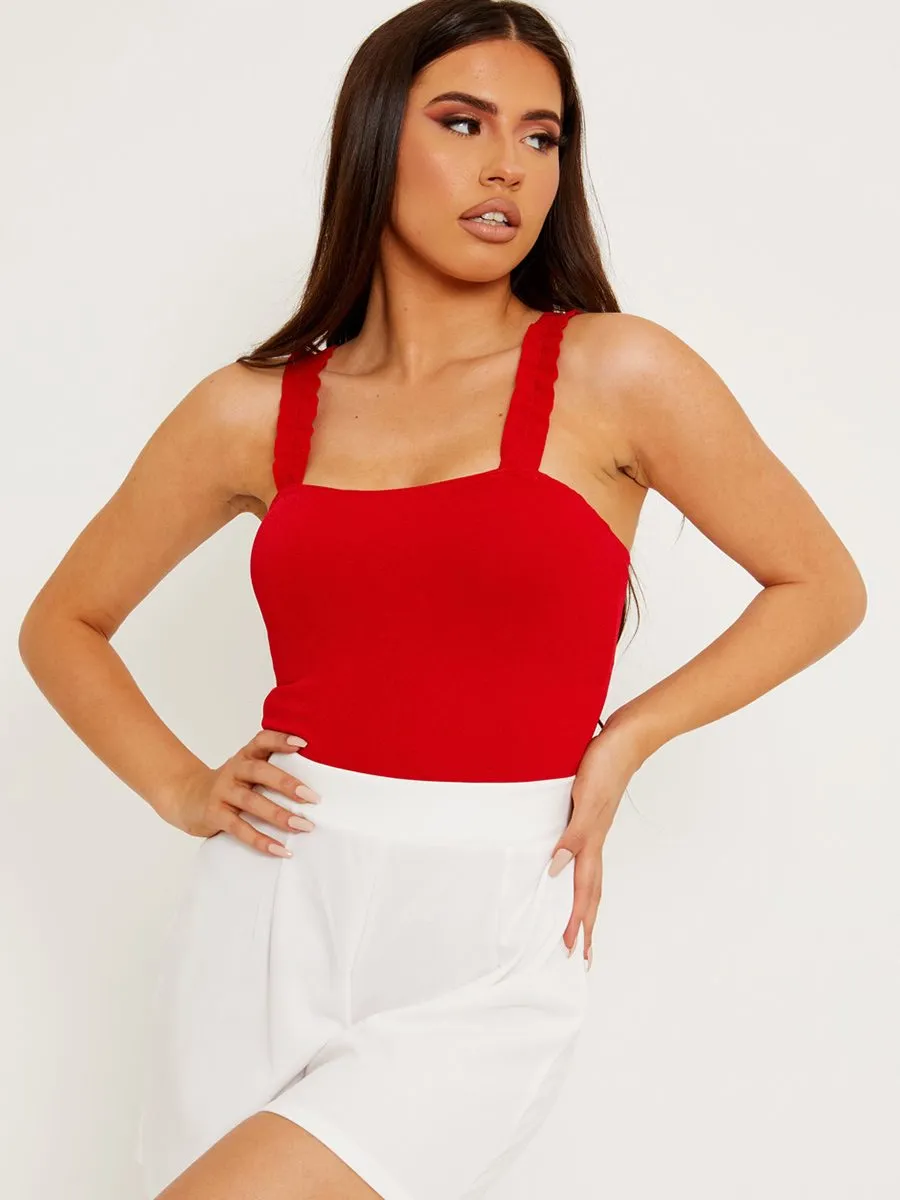 Kamila Ruched Frill Straps Bodysuit In Red