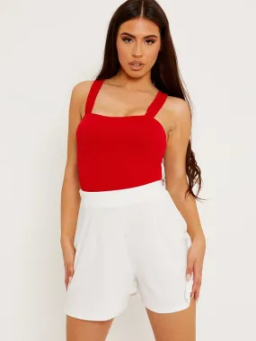 Kamila Ruched Frill Straps Bodysuit In Red