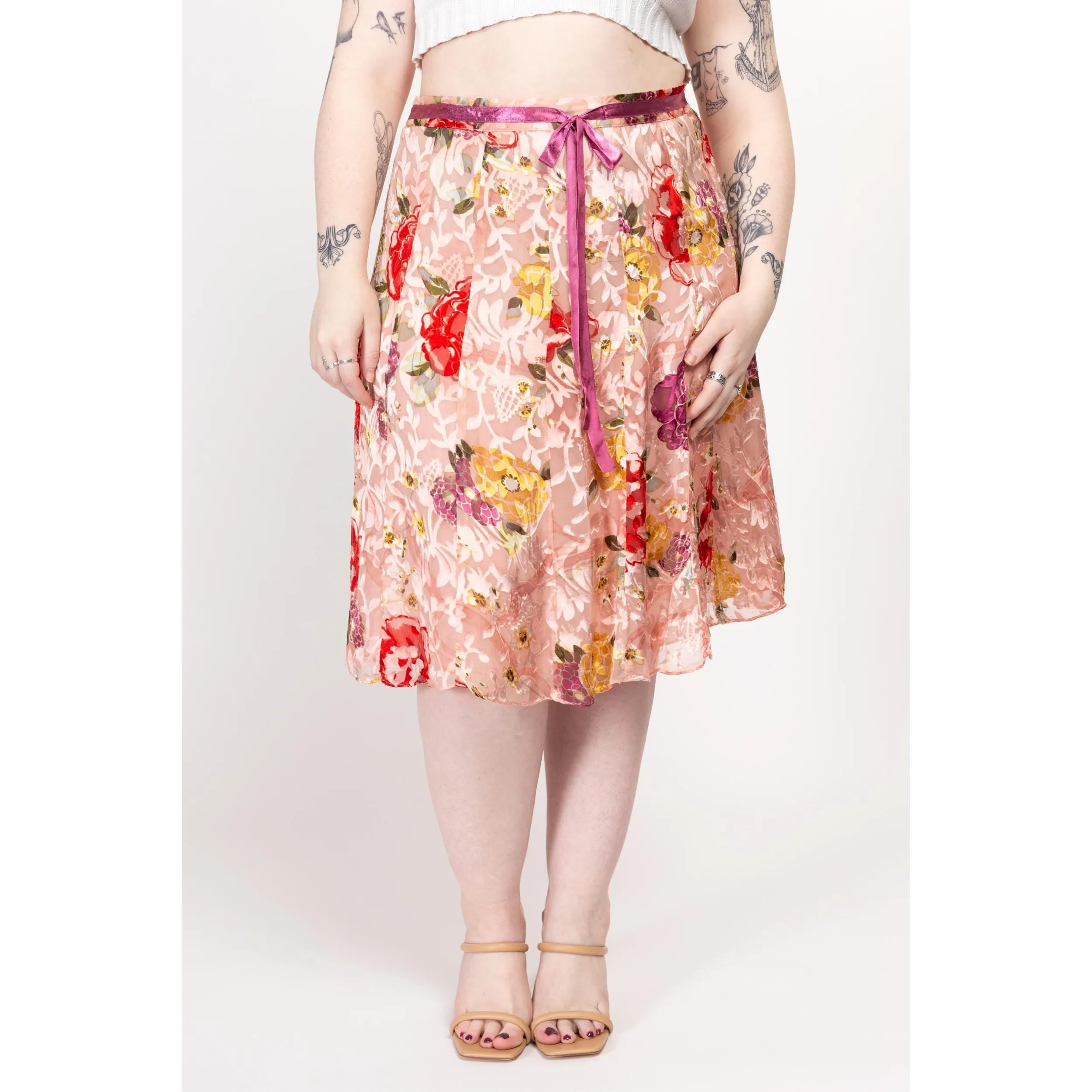 Large 90s Pink Floral Silk Burnout Midi Skirt