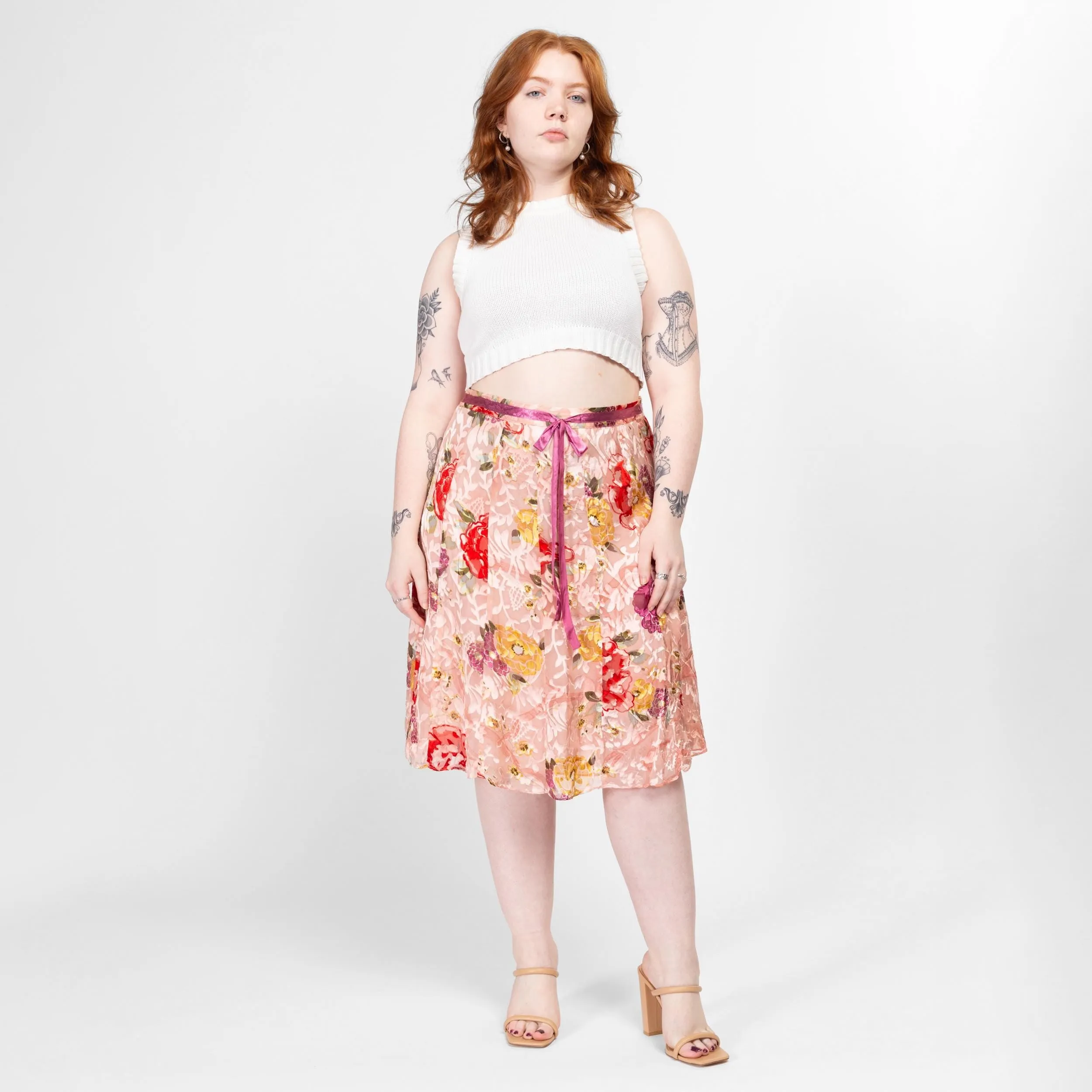 Large 90s Pink Floral Silk Burnout Midi Skirt