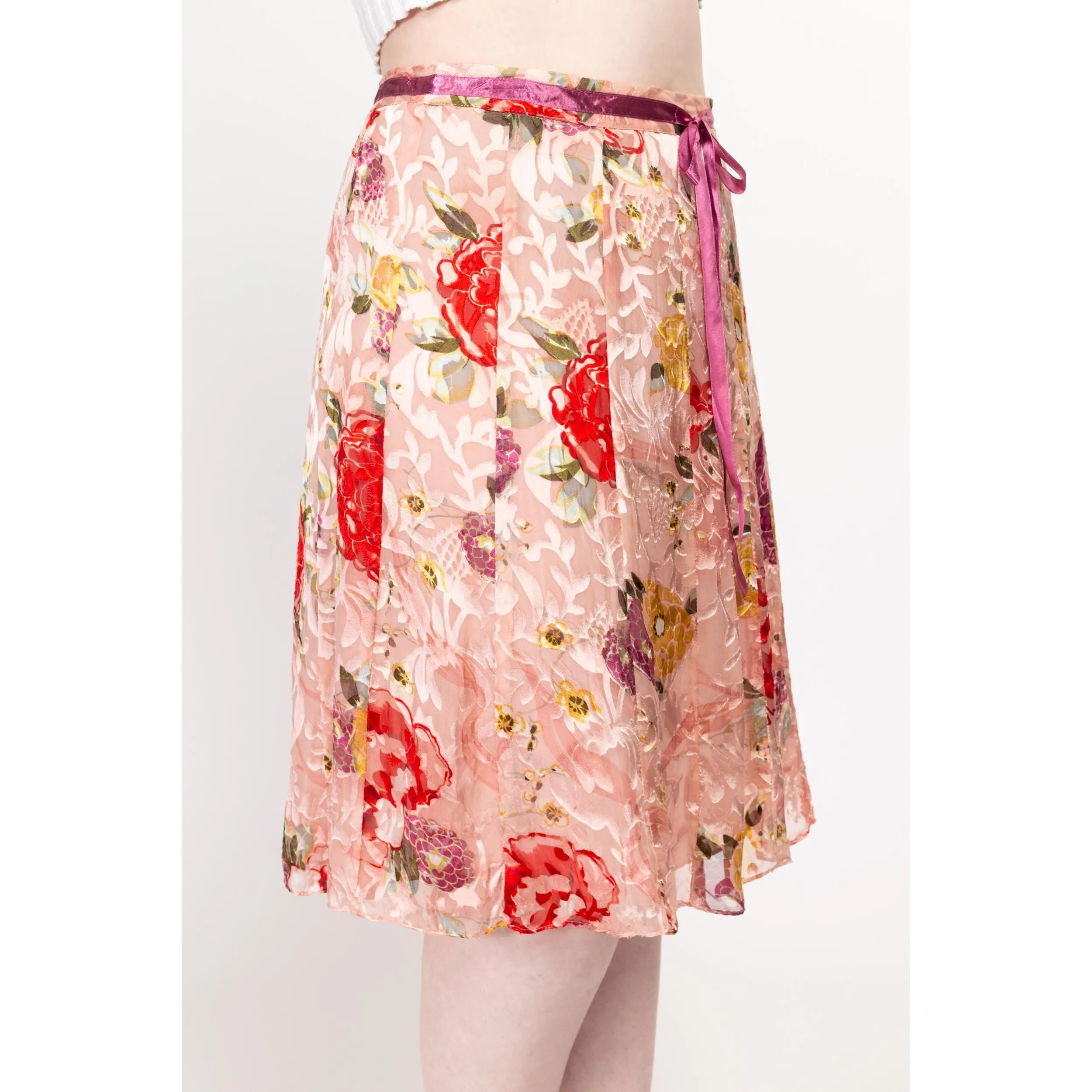 Large 90s Pink Floral Silk Burnout Midi Skirt