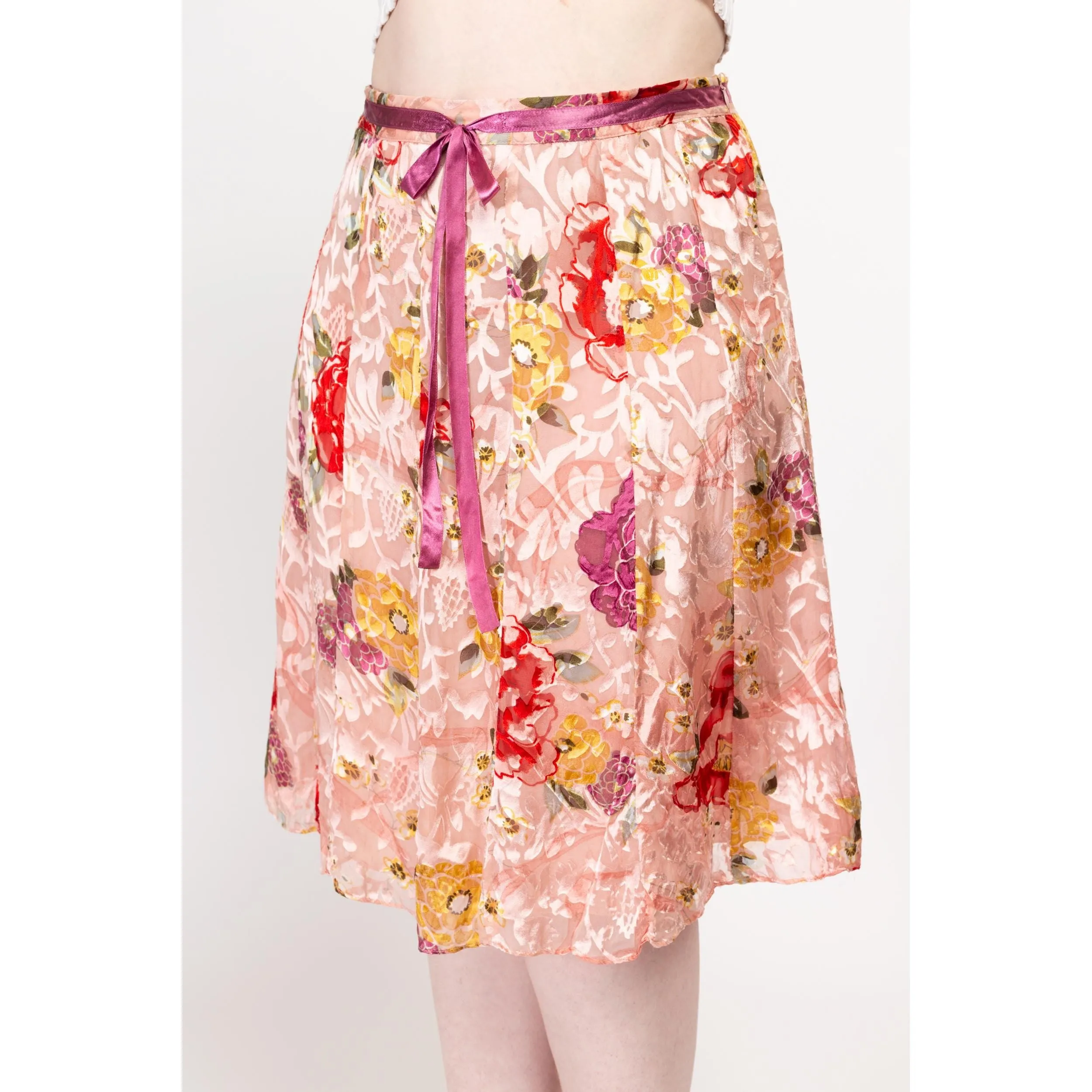 Large 90s Pink Floral Silk Burnout Midi Skirt