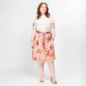 Large 90s Pink Floral Silk Burnout Midi Skirt