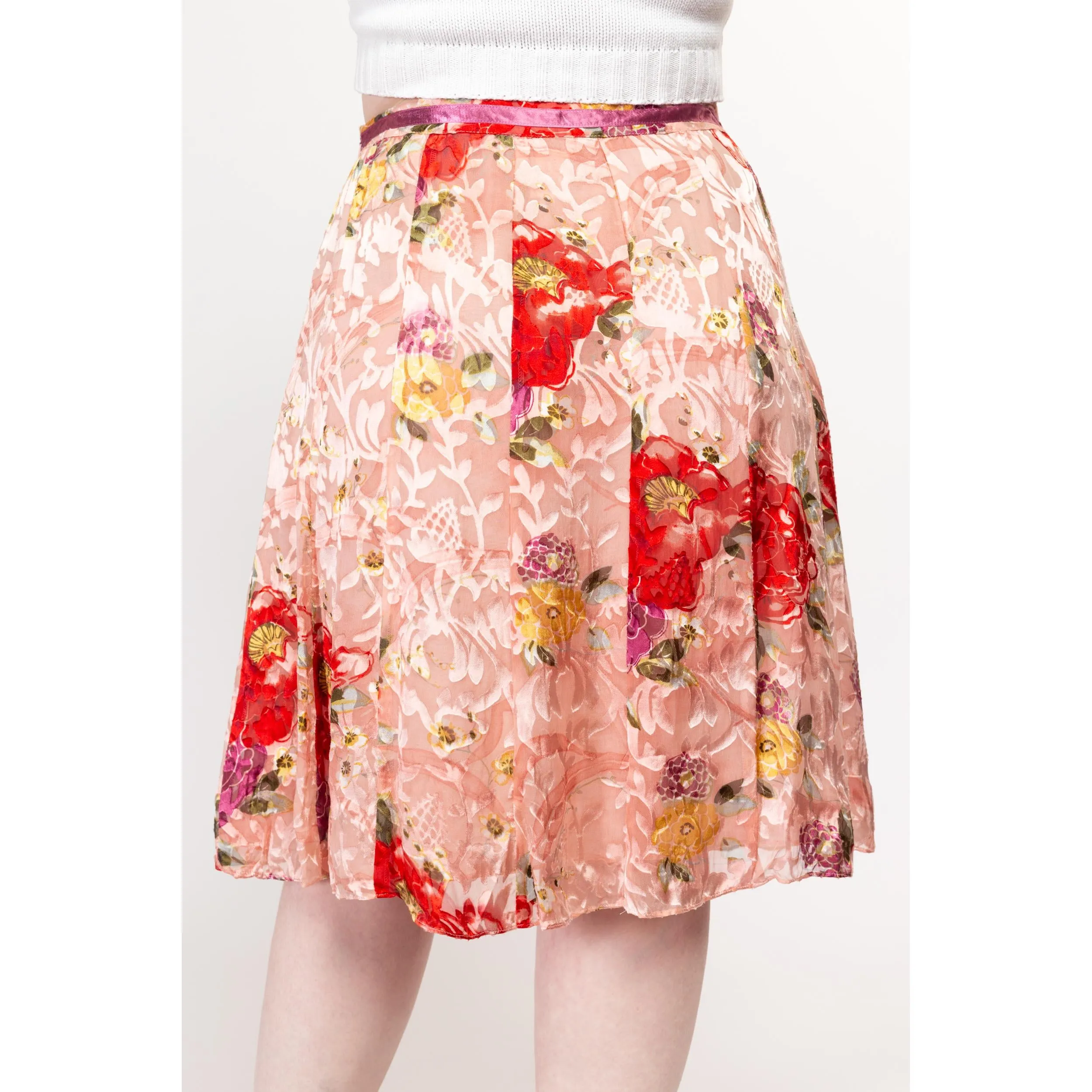 Large 90s Pink Floral Silk Burnout Midi Skirt