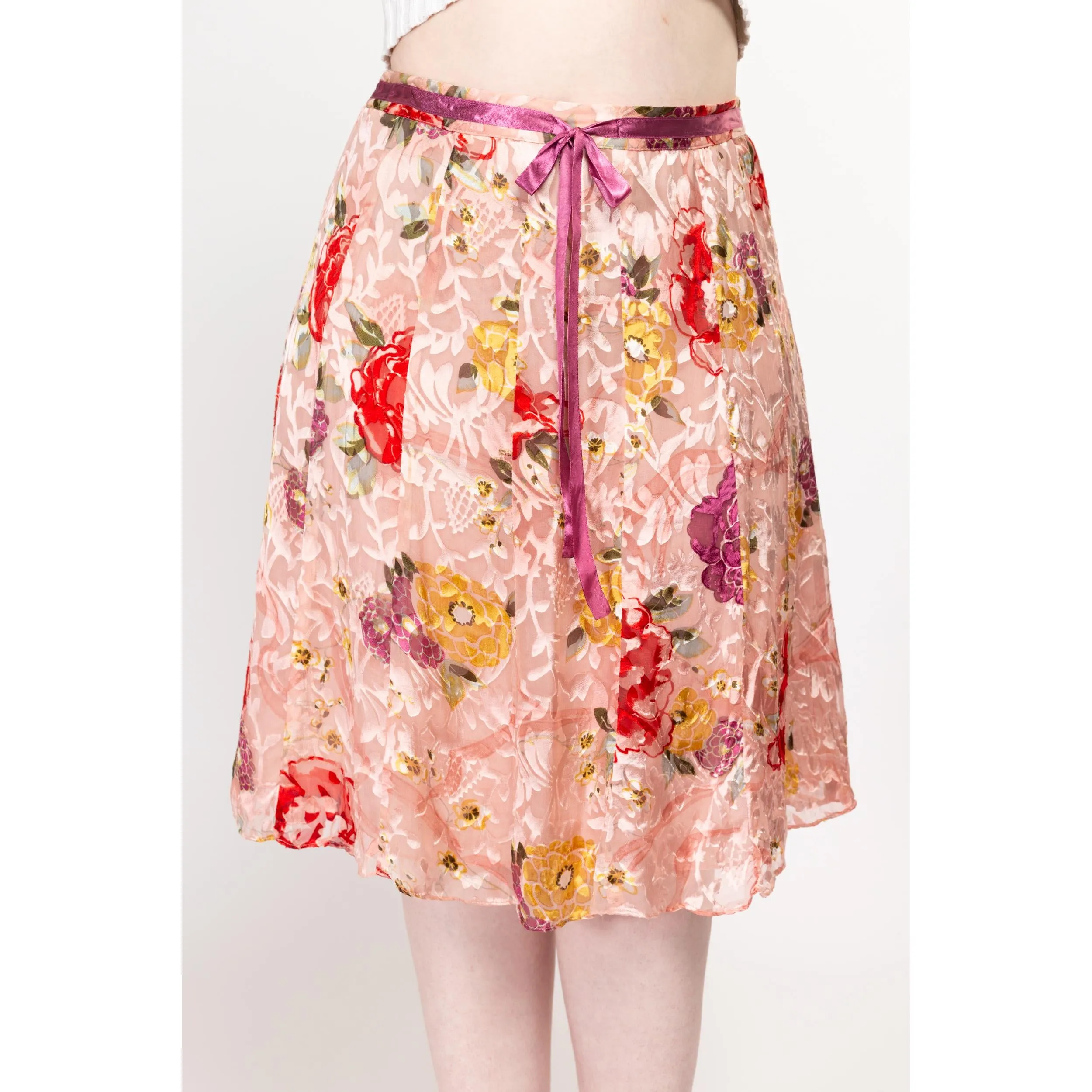 Large 90s Pink Floral Silk Burnout Midi Skirt