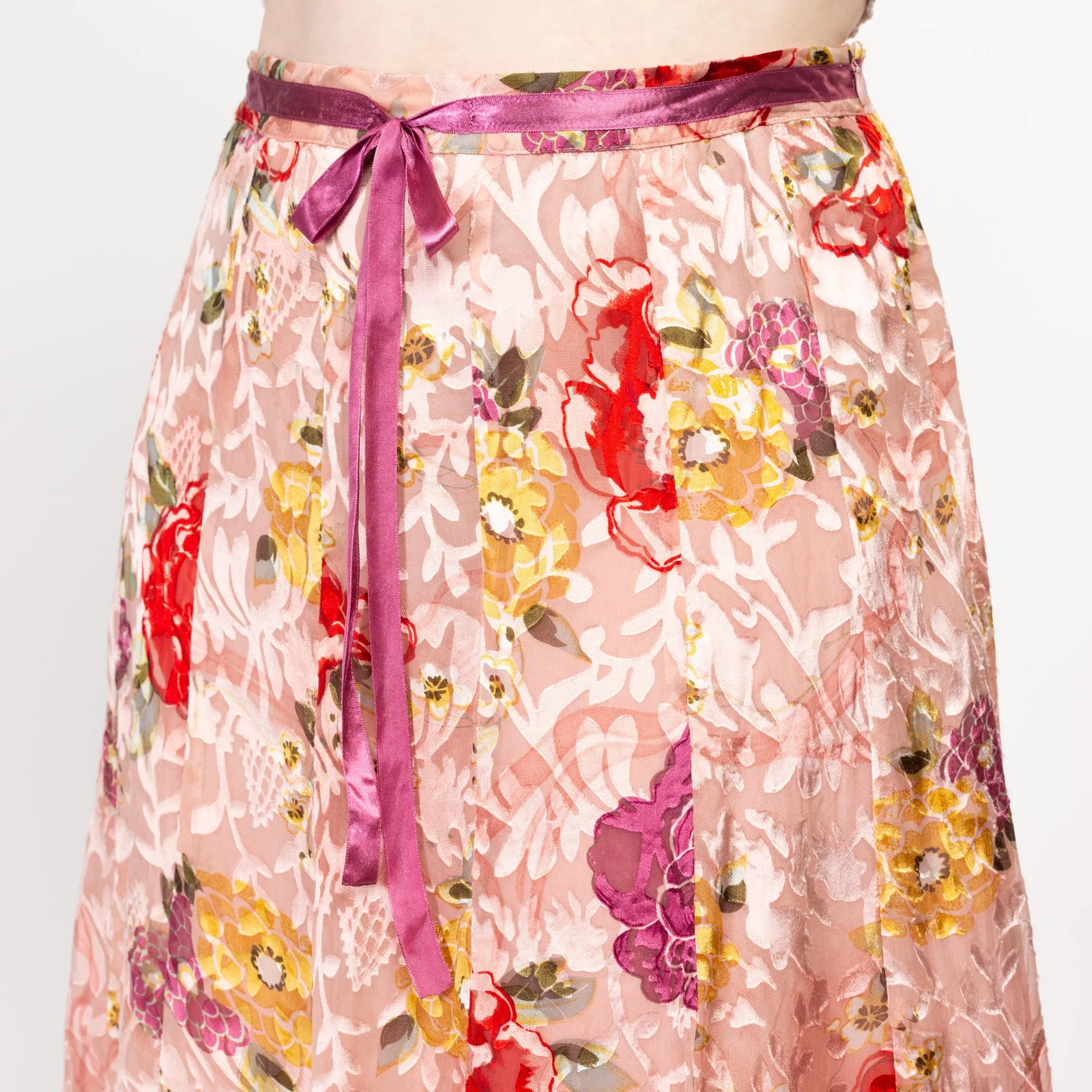 Large 90s Pink Floral Silk Burnout Midi Skirt