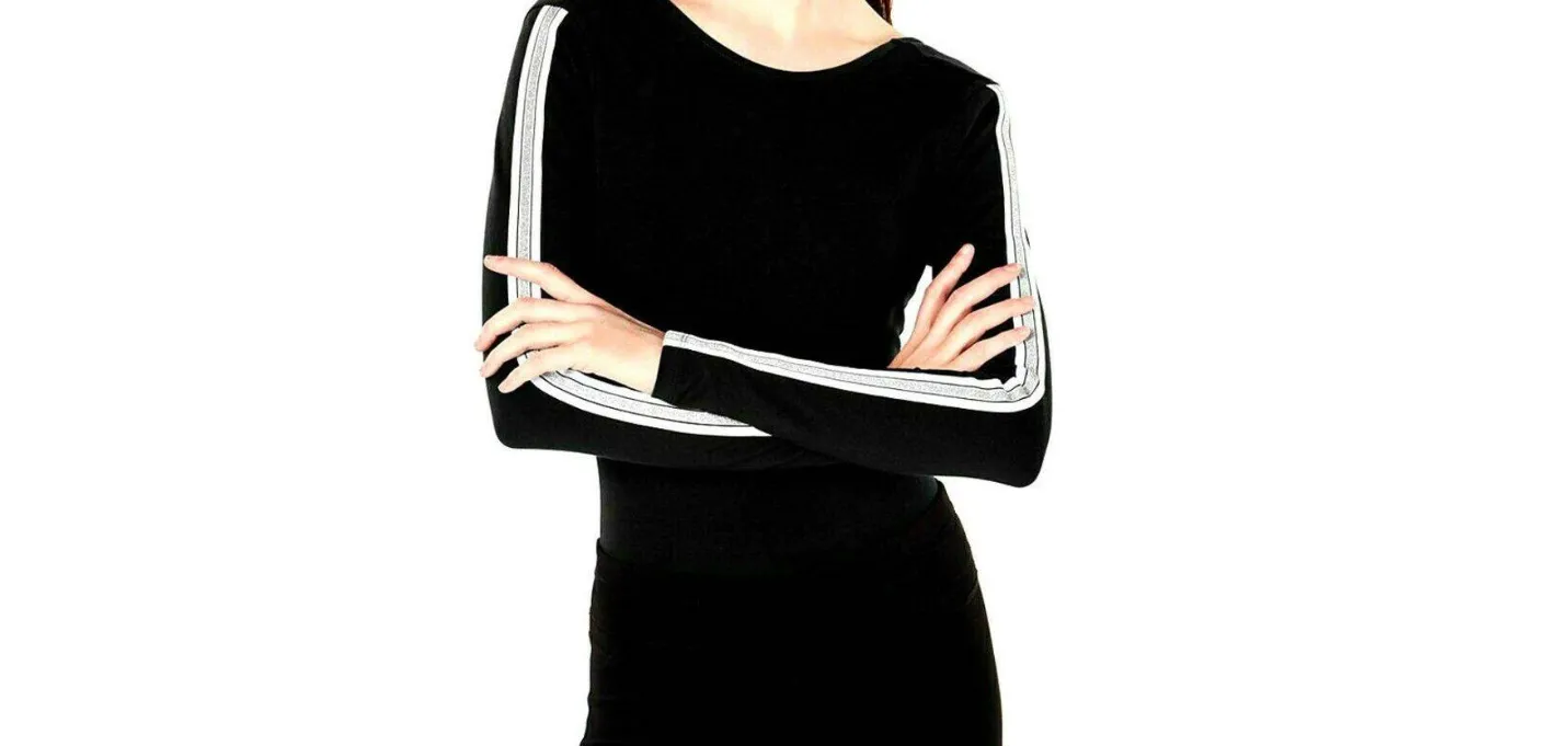 Material Girl Active Long Sleeve Black Varsity Bodysuit, Size Medium