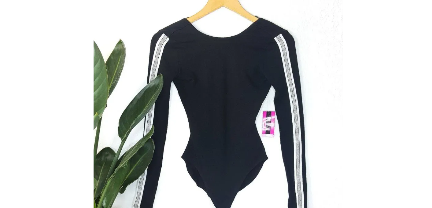 Material Girl Active Long Sleeve Black Varsity Bodysuit, Size Medium